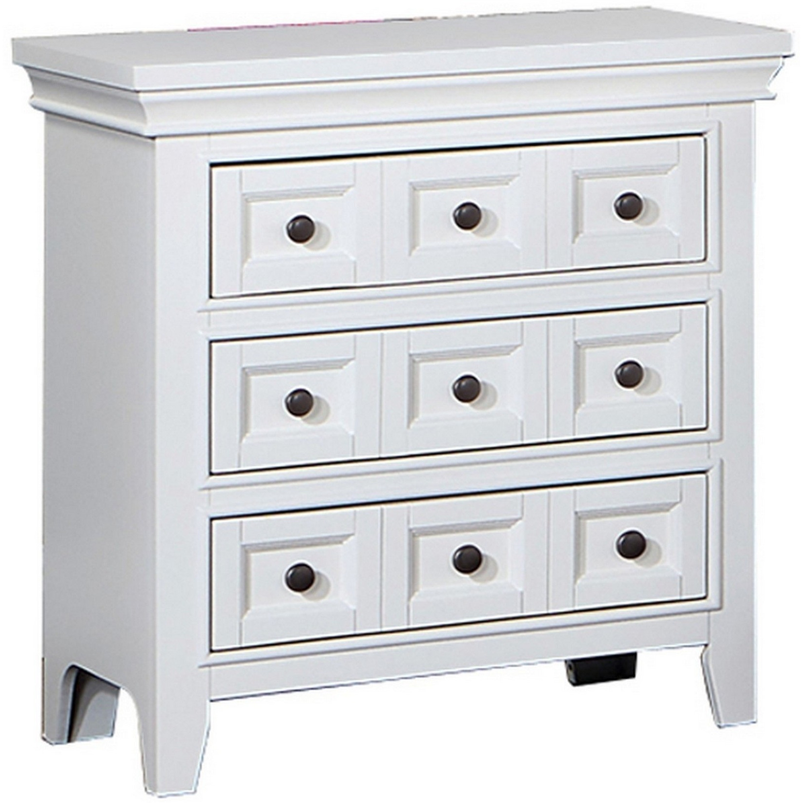 Cile 26 Inch Nightstand, 3 Panel Drawers, White Wood, Round Nickel Handles