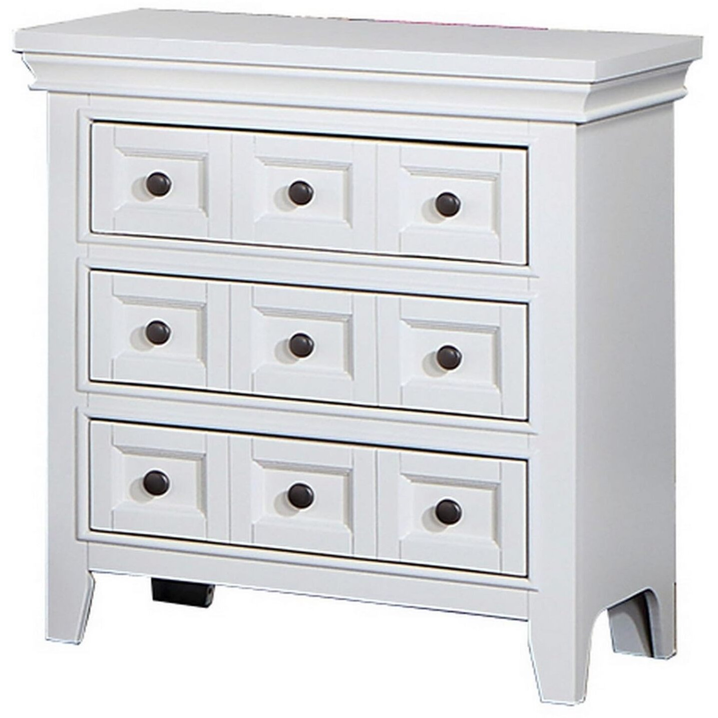 Cile 26 Inch Nightstand, 3 Panel Drawers, White Wood, Round Nickel Handles