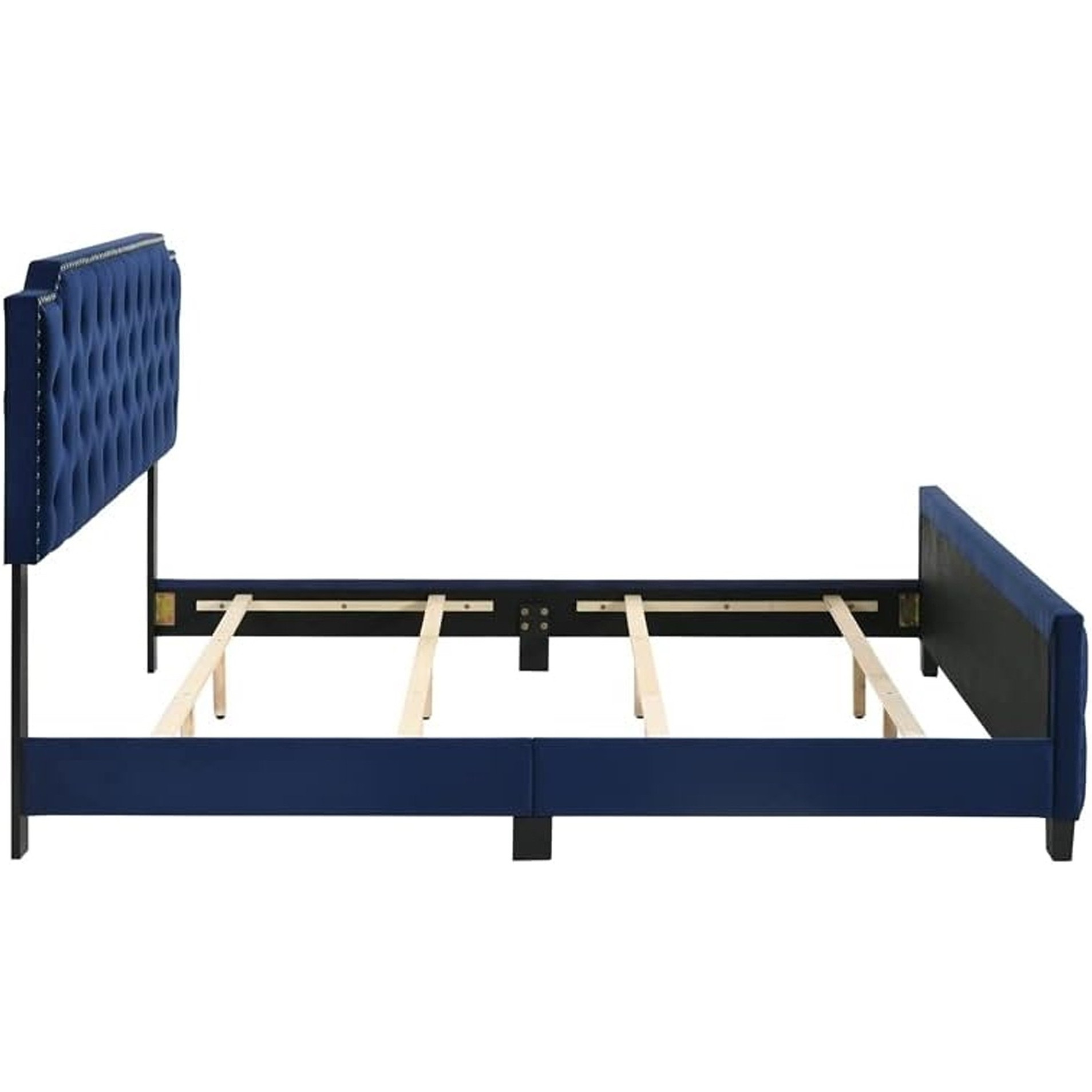 Agapi King Size Bed, Button Tufted, Nailhead Trim, Blue Fabric Upholstery