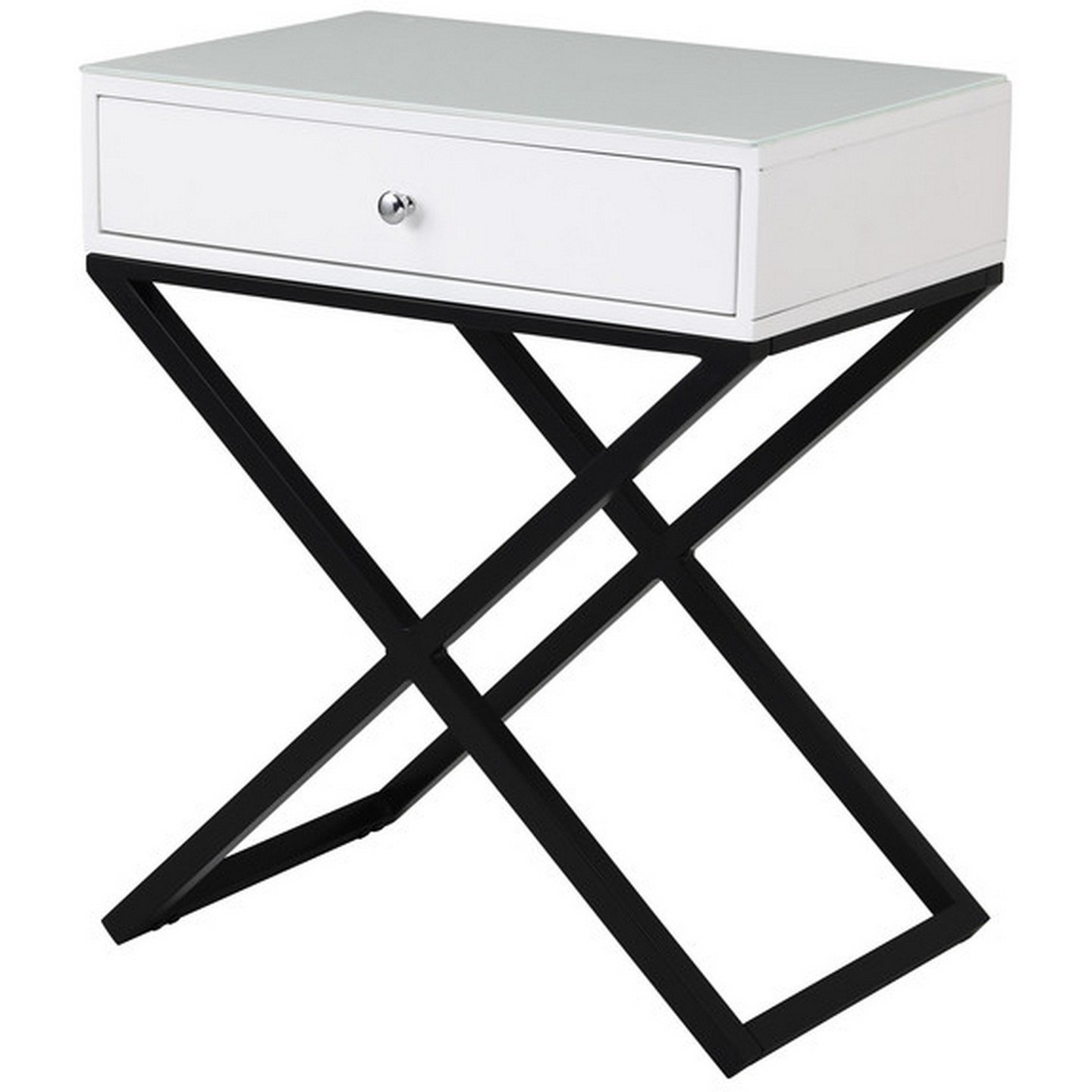 Zeno 27 Inch 1 Drawer Nightstand, Glass Top, Black Metal Cross Legs, White