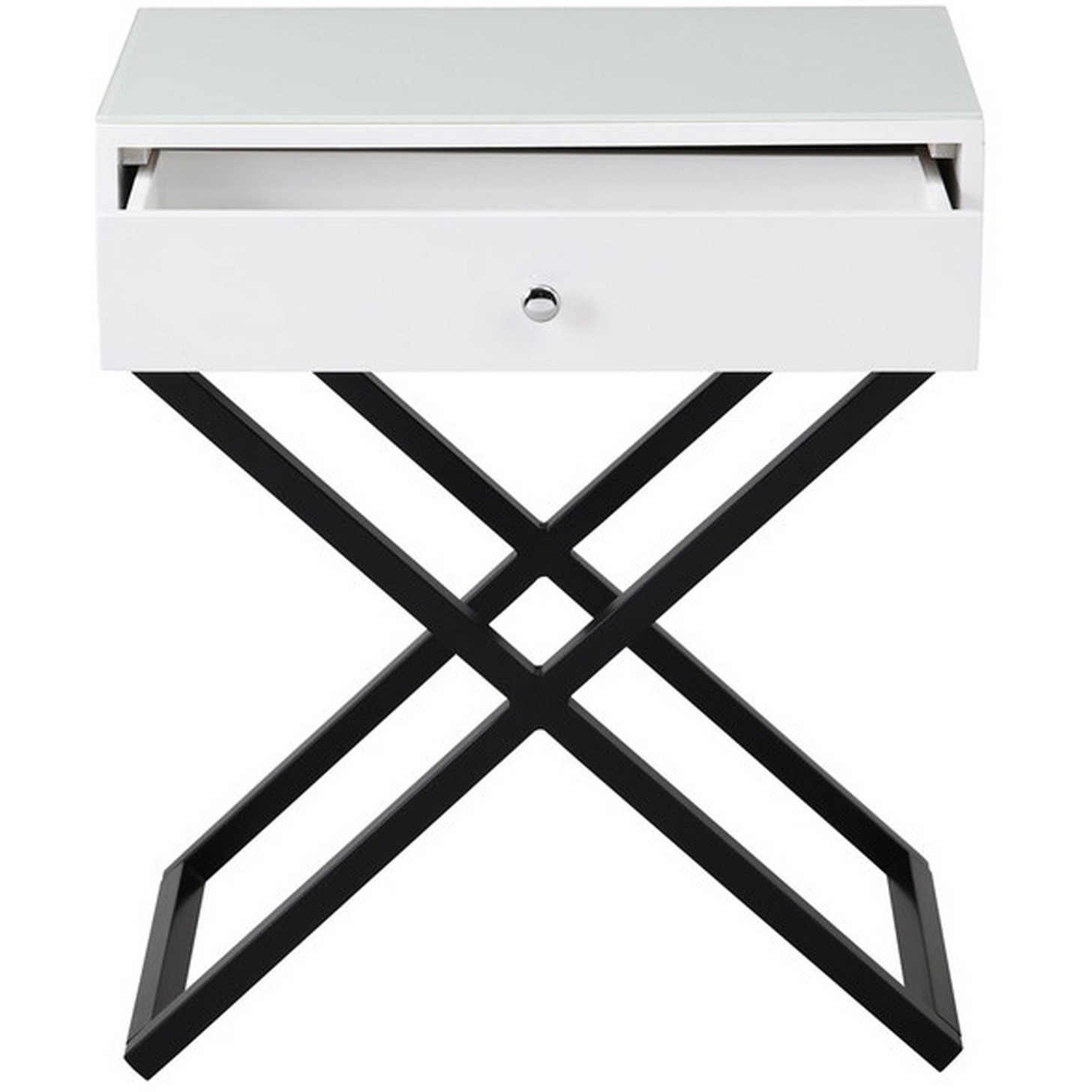 Zeno 27 Inch 1 Drawer Nightstand, Glass Top, Black Metal Cross Legs, White