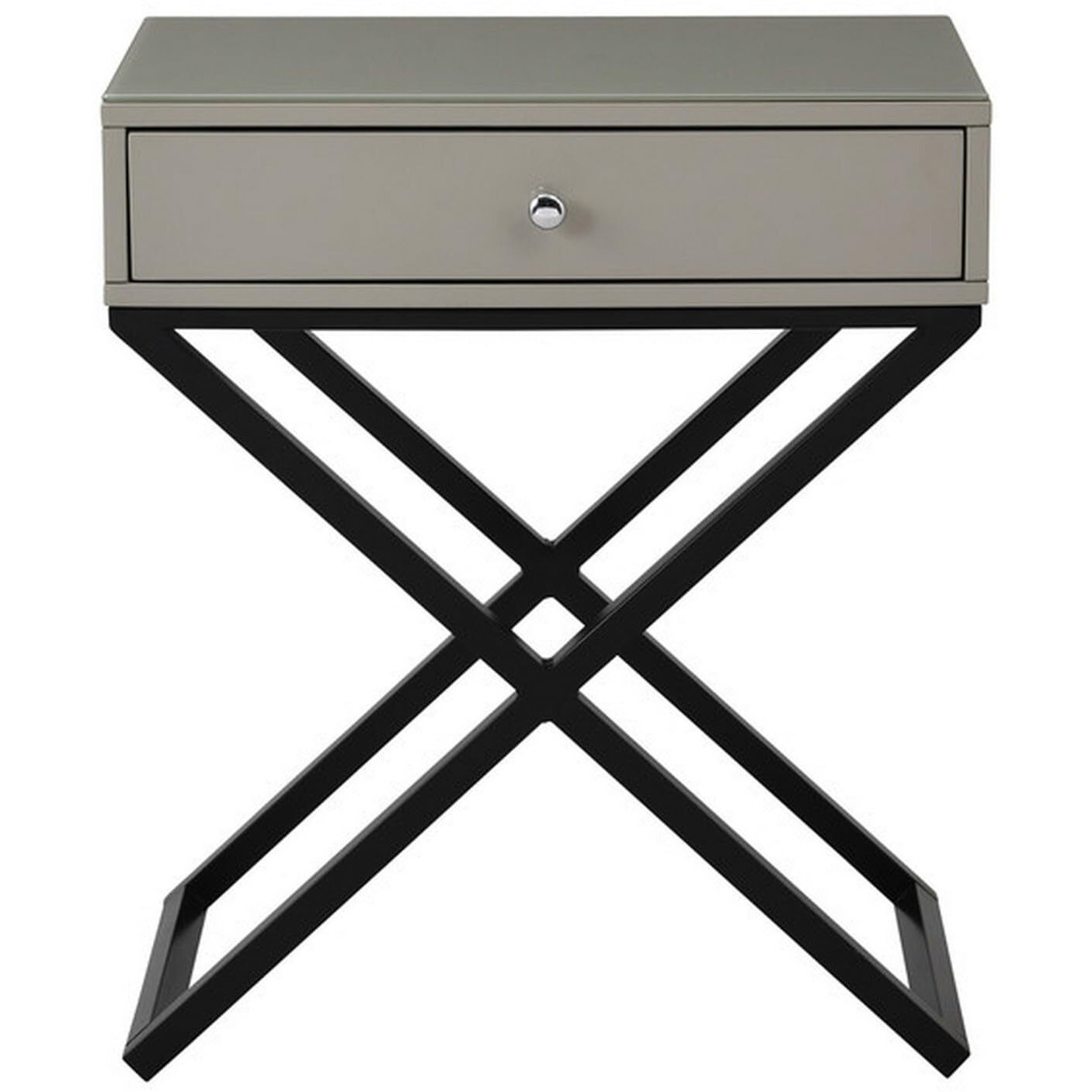 Zeno 27 Inch 1 Drawer Nightstand, Glass Top, Black Metal Cross Legs, Taupe