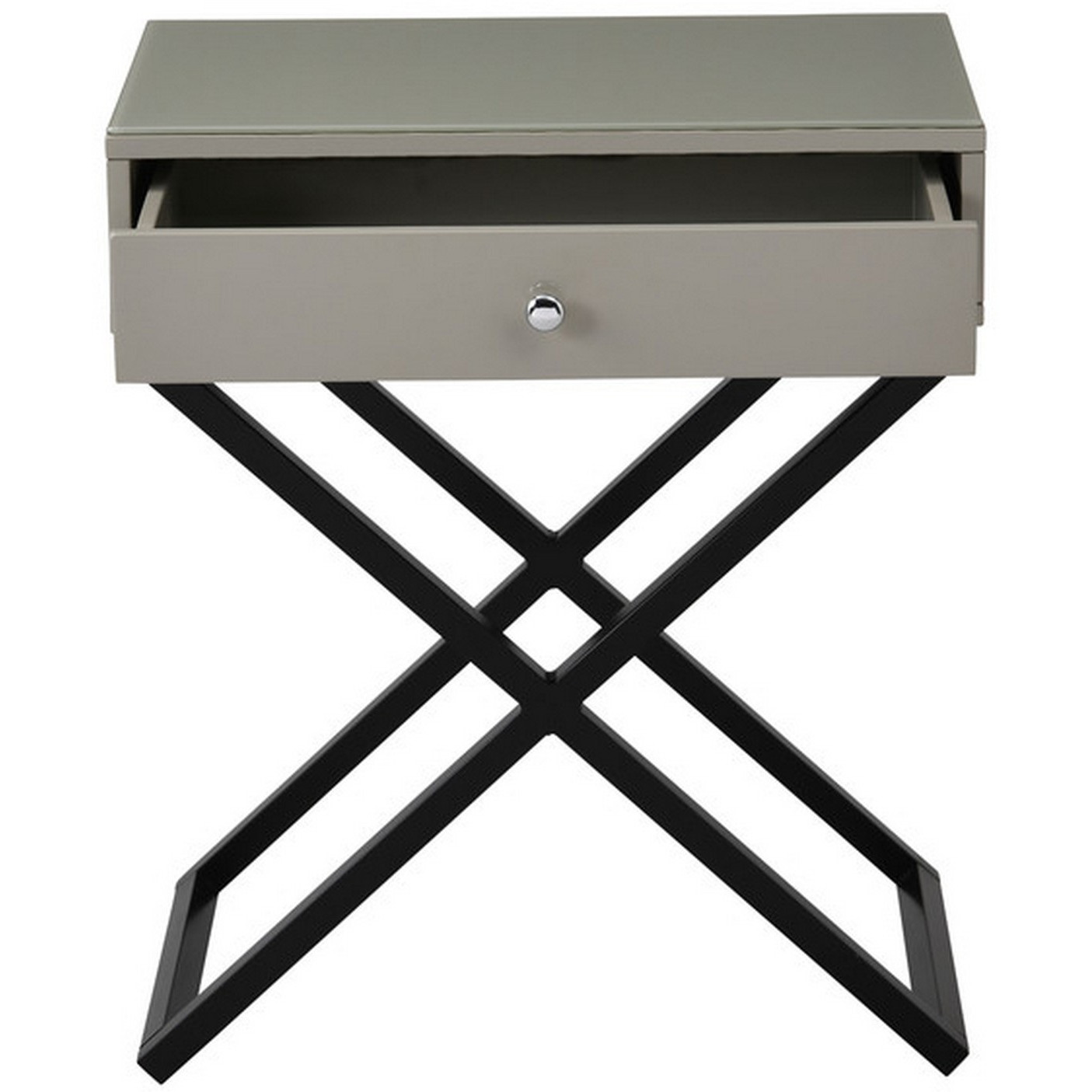 Zeno 27 Inch 1 Drawer Nightstand, Glass Top, Black Metal Cross Legs, Taupe