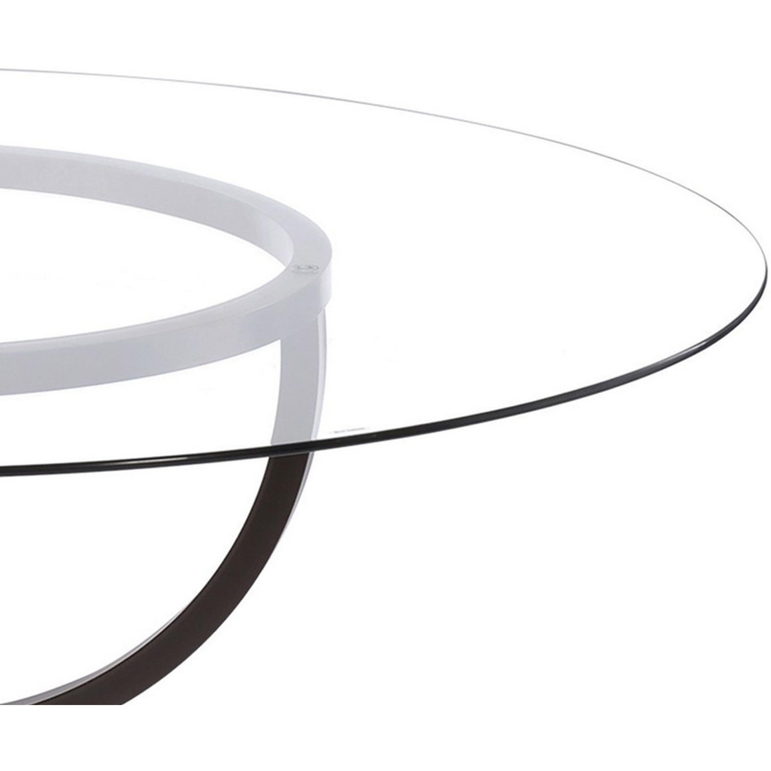 30 Inch Round Dining Table, Clear Glass Top, Interlocked Ring Motif Legs
