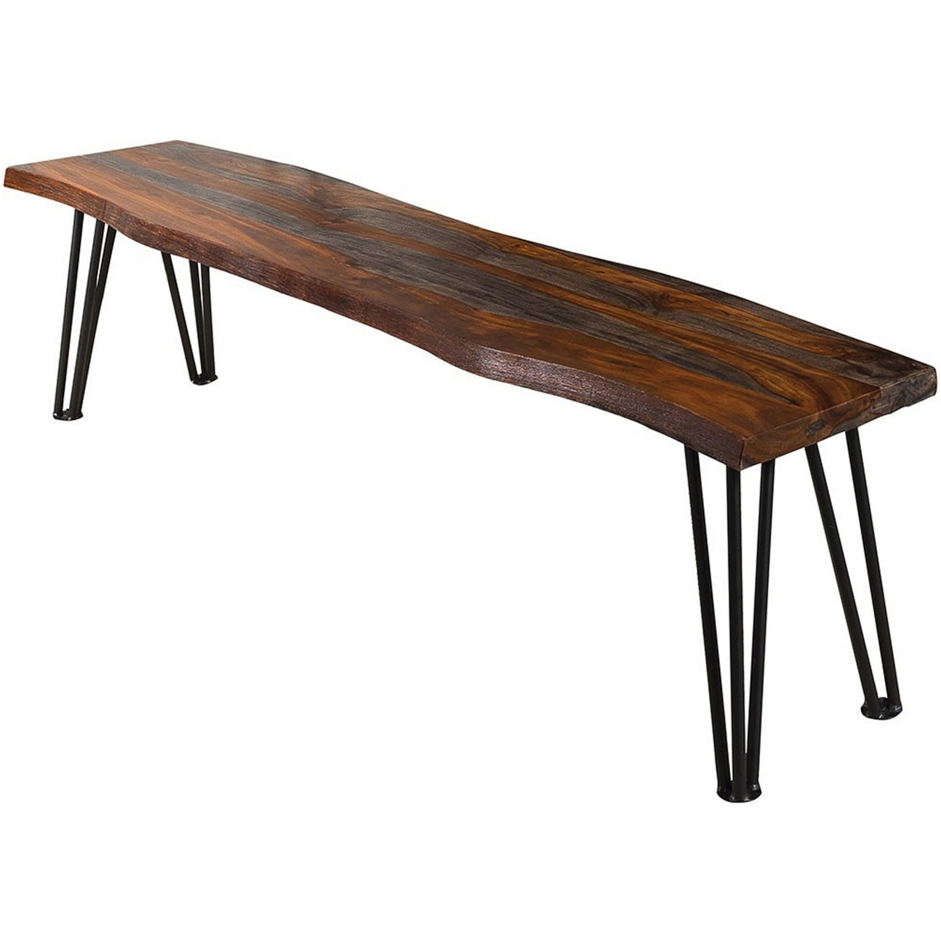 Moka 70 Inch Dining Bench, Live Edge Gray Sheesham Wood, Metal Hairpin Legs
