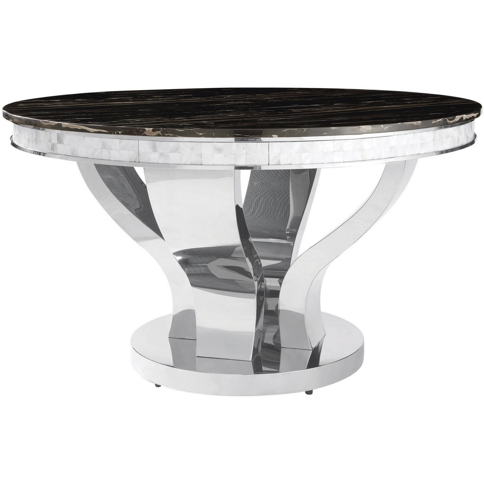 51 Inch Round Dining Table, Marble Top, Glass Tiles on Edge, Chrome Base