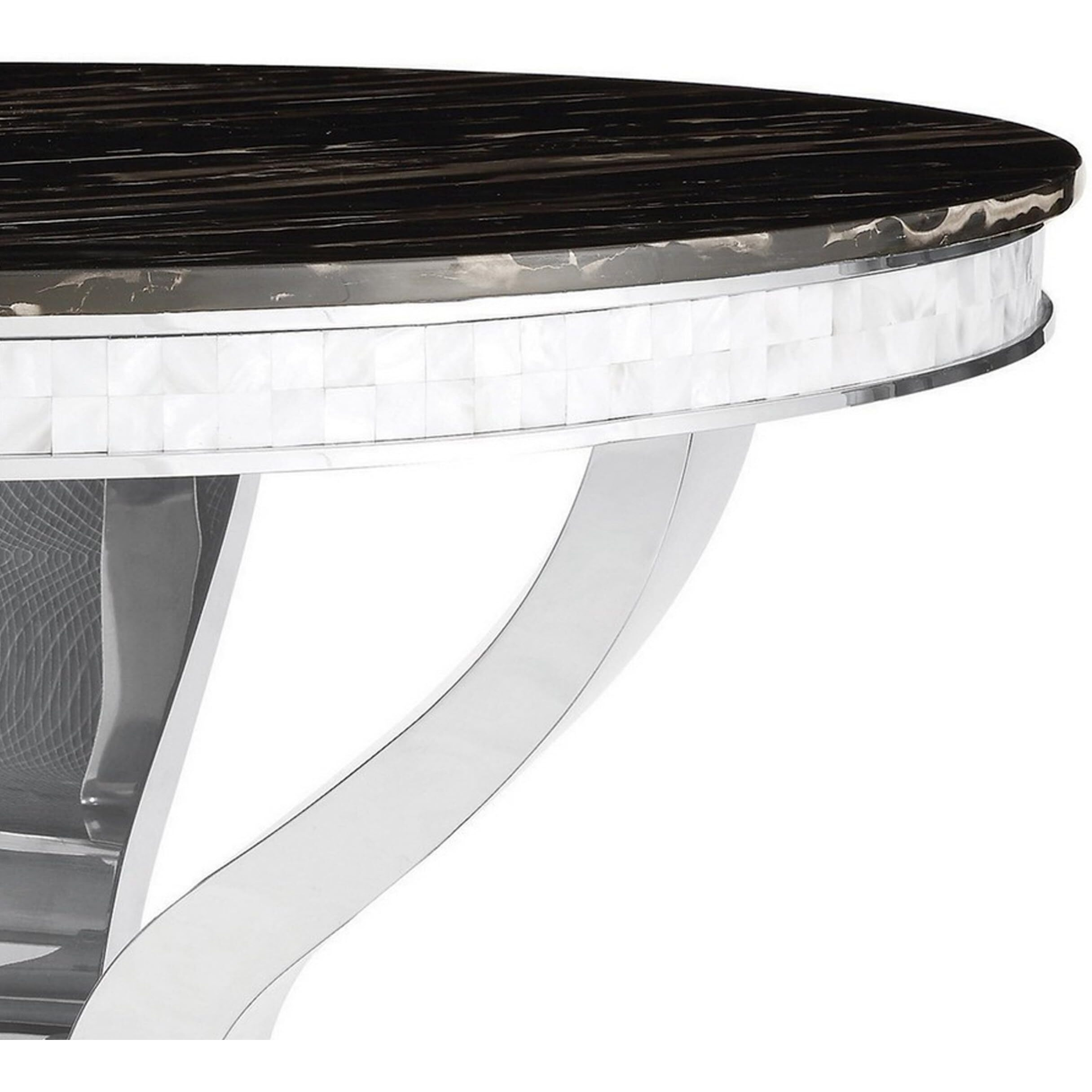 51 Inch Round Dining Table, Marble Top, Glass Tiles on Edge, Chrome Base