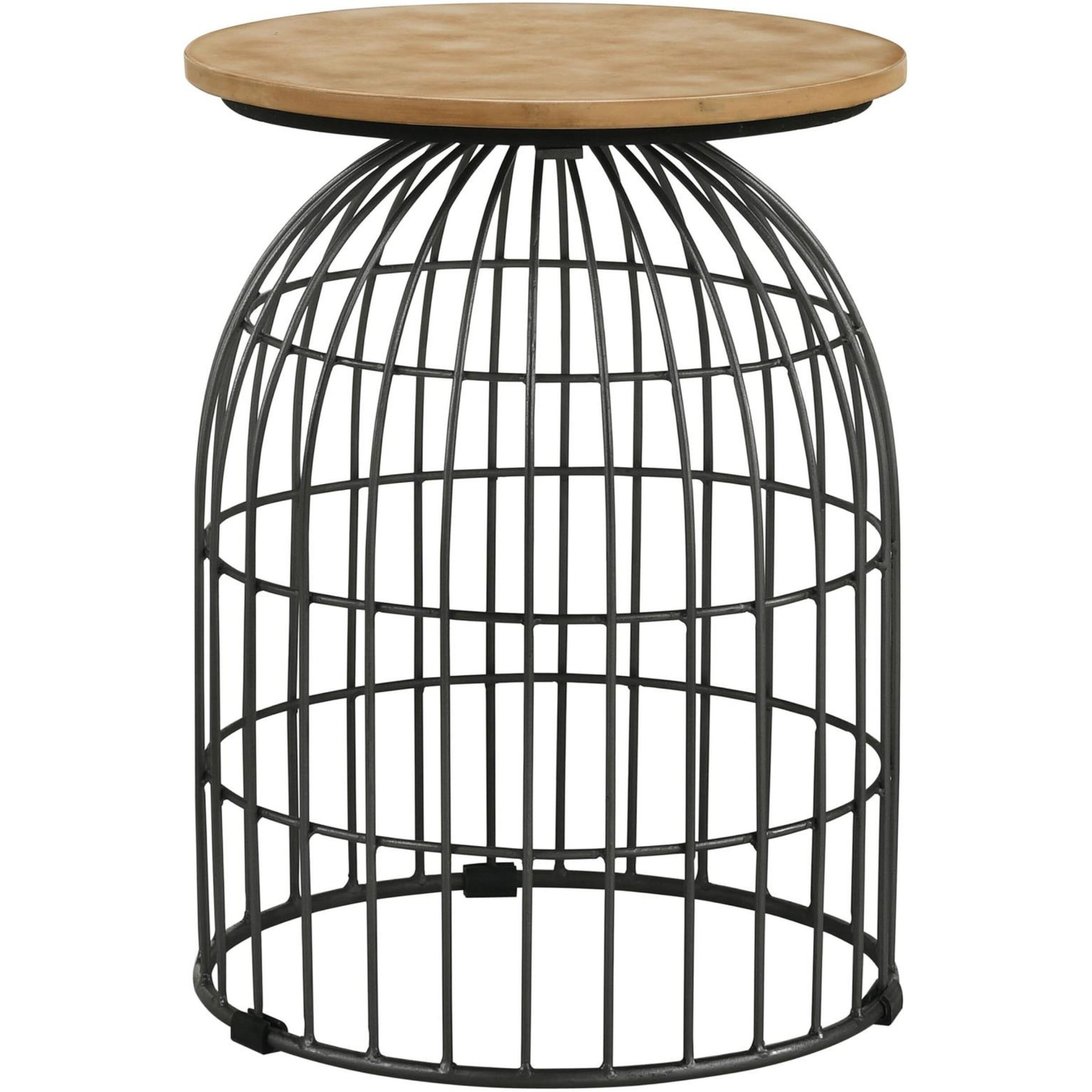 21 Inch Round Accent Table with Bird Cage Style Base, Beige Marble, Black
