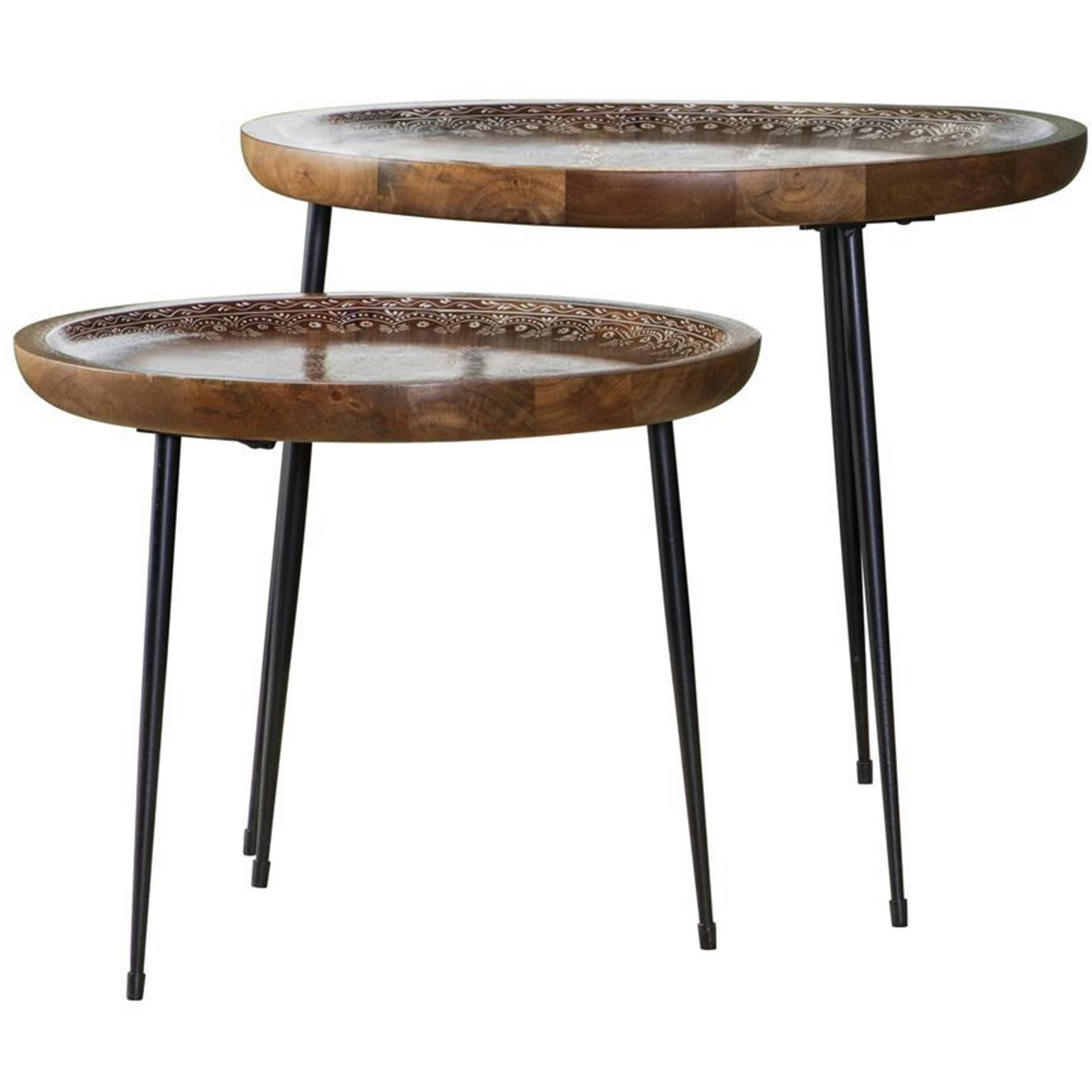 2 Piece Round Nesting Tray Top Table Set, Carved Edges, Motif Design, Brown