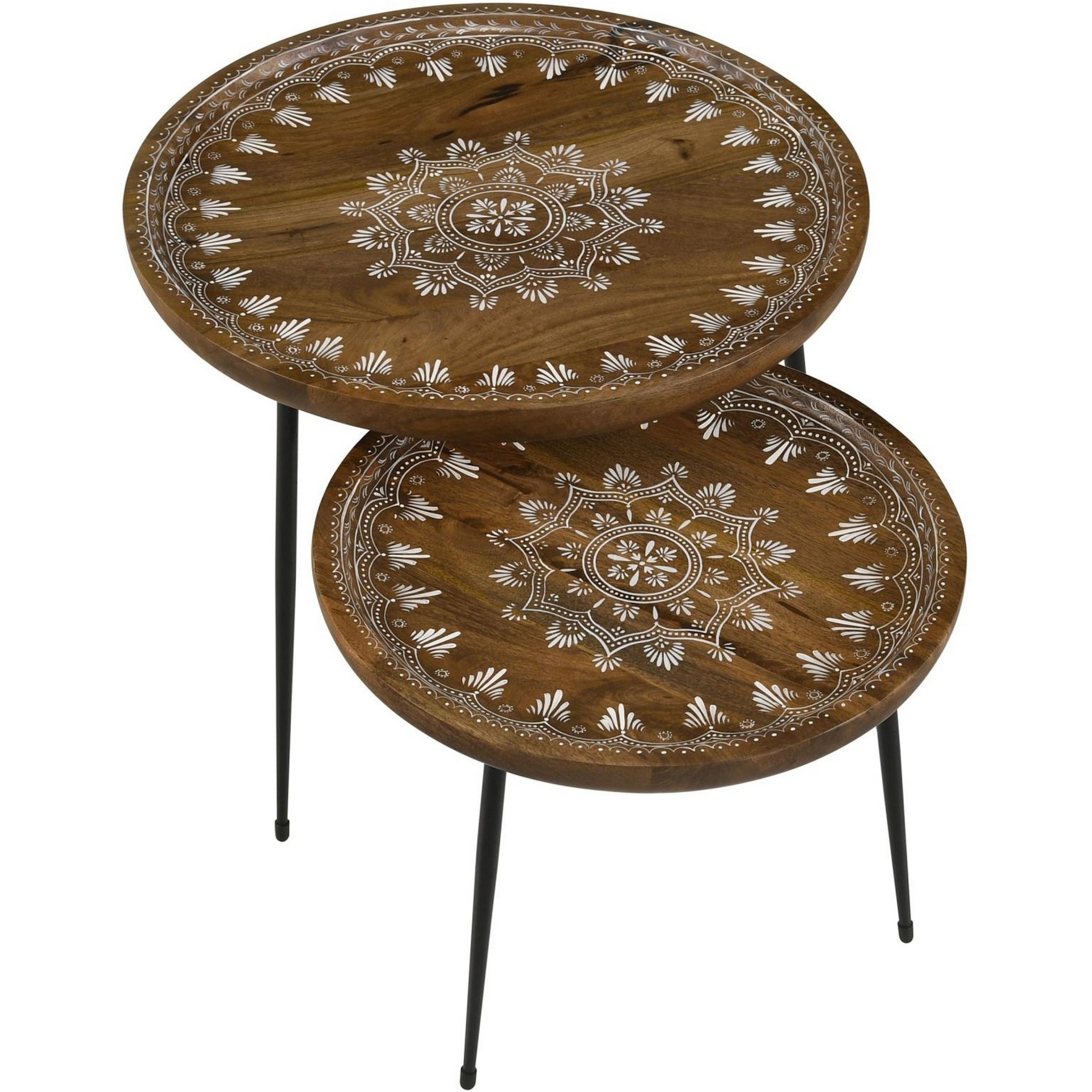 2 Piece Round Nesting Tray Top Table Set, Carved Edges, Motif Design, Brown