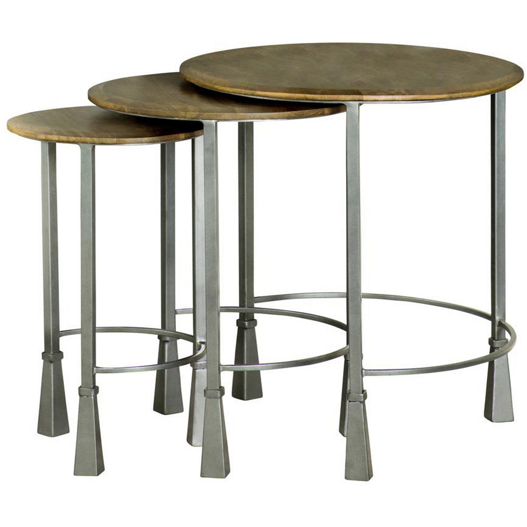 3 Piece Round Nesting End Table Set, Sleek Gray Iron Legs, Mango Brown Wood