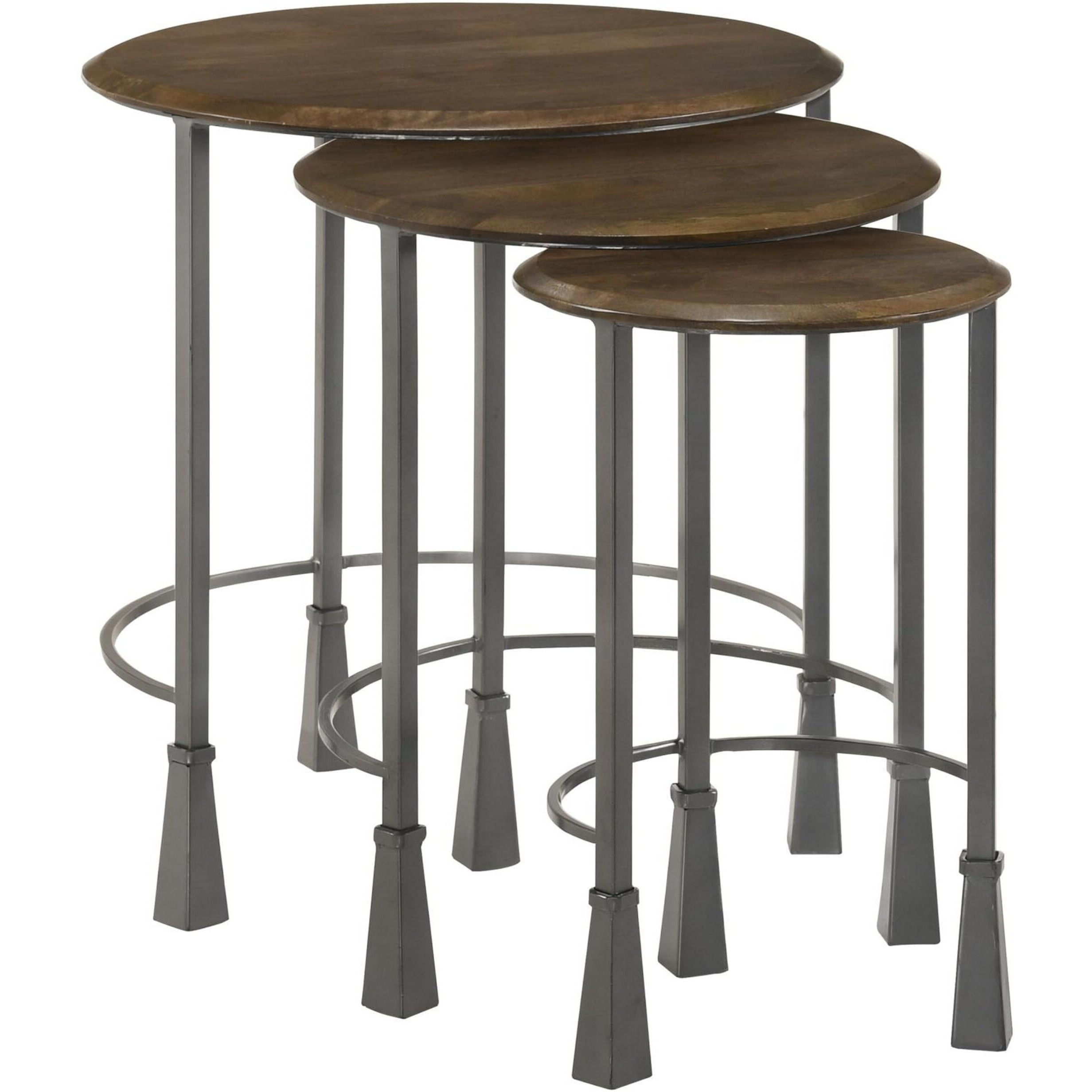 3 Piece Round Nesting End Table Set, Sleek Gray Iron Legs, Mango Brown Wood