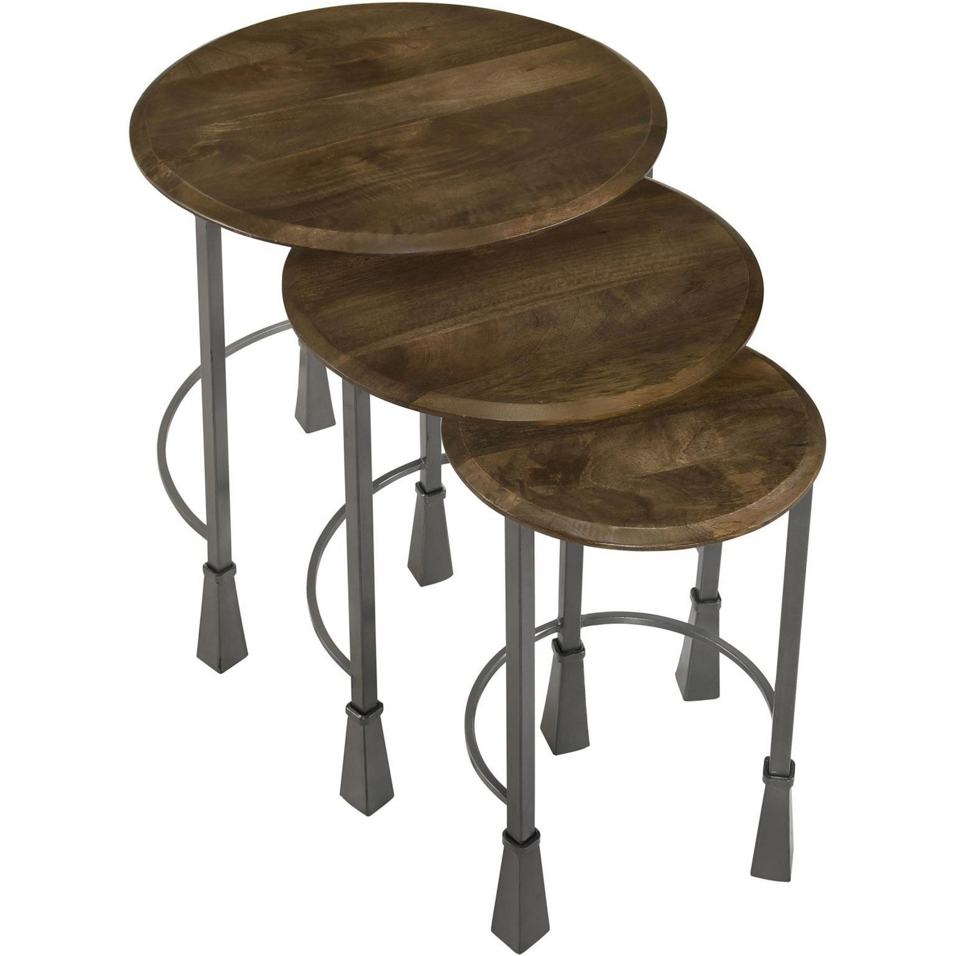 3 Piece Round Nesting End Table Set, Sleek Gray Iron Legs, Mango Brown Wood