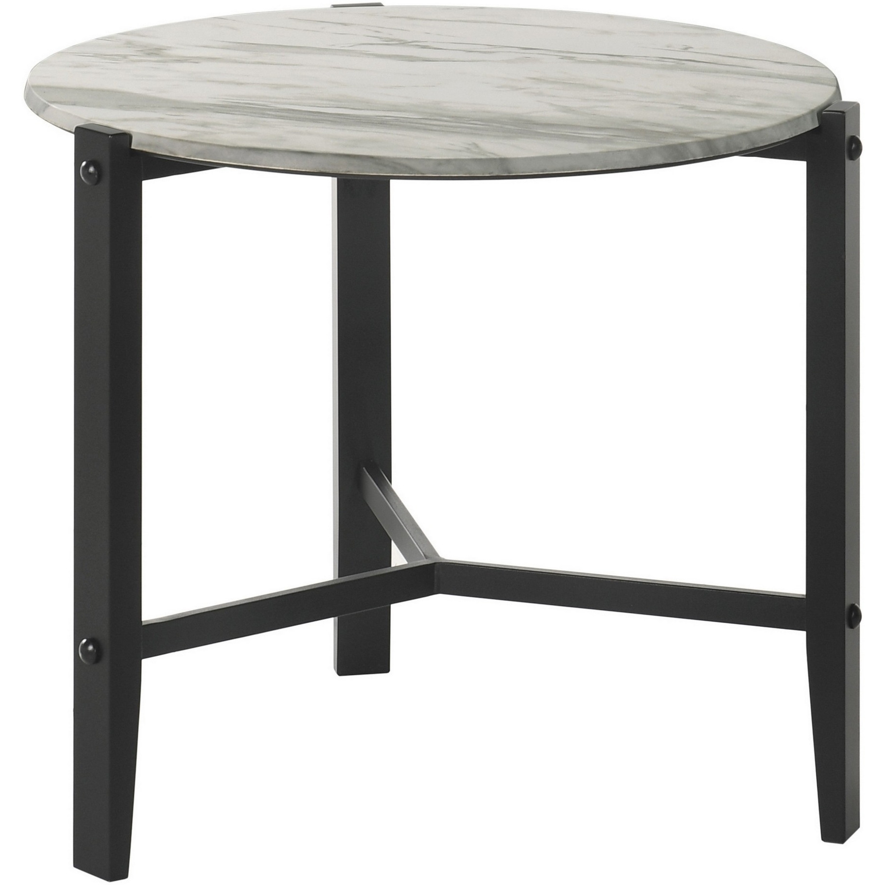 Zuko 24 Inch Round End Table, White Faux Marble Design, Black Legs
