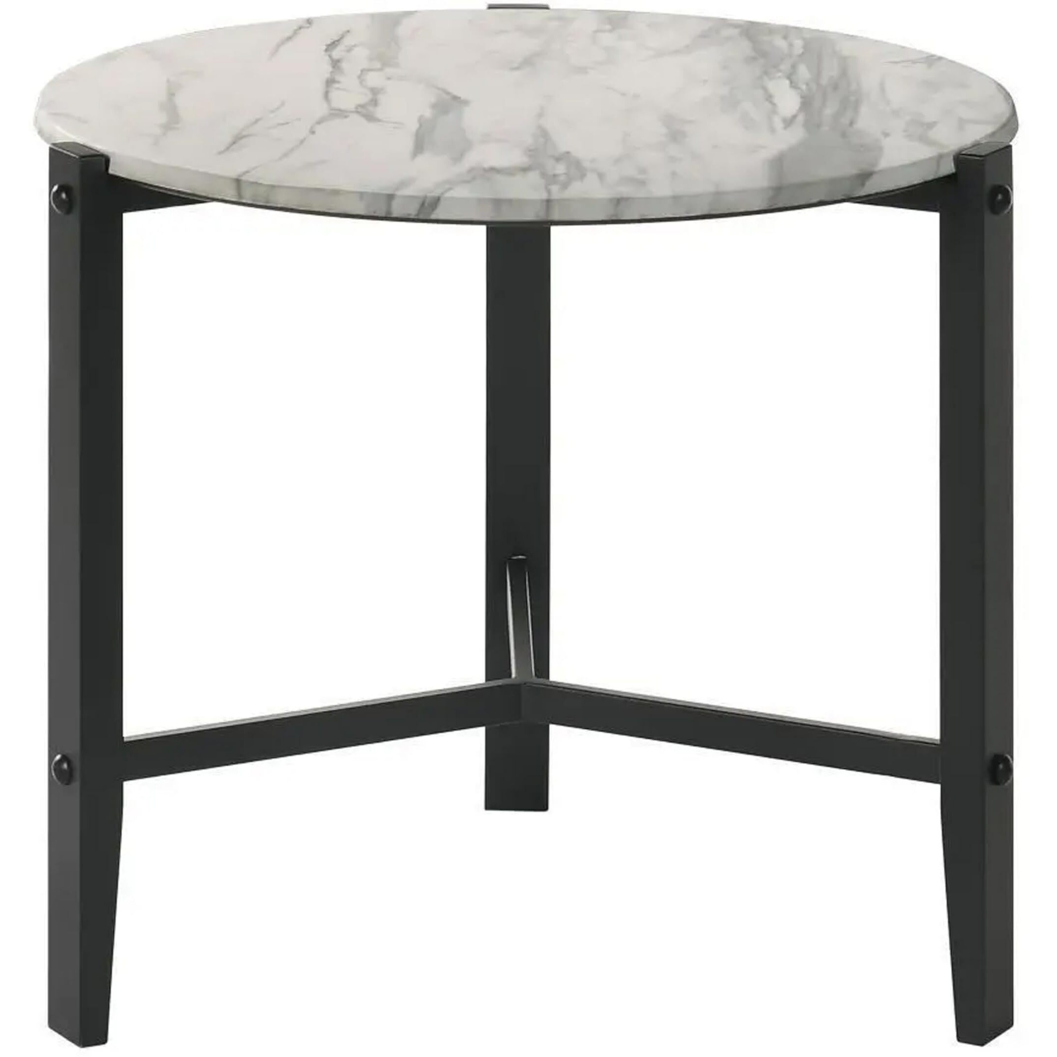 Zuko 24 Inch Round End Table, White Faux Marble Design, Black Legs