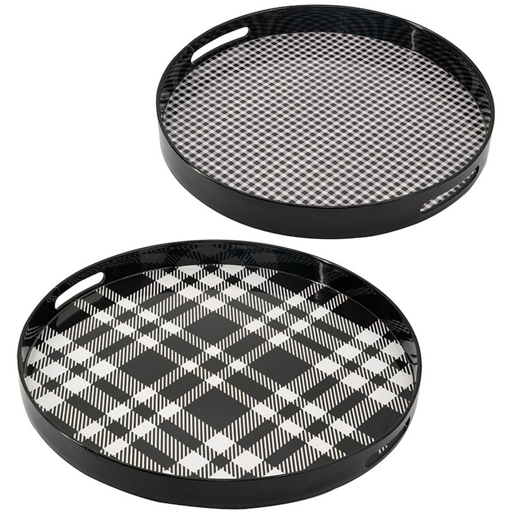 2 Piece Round Decorative Tray, Plastic Frame, Black and White Plaid Print