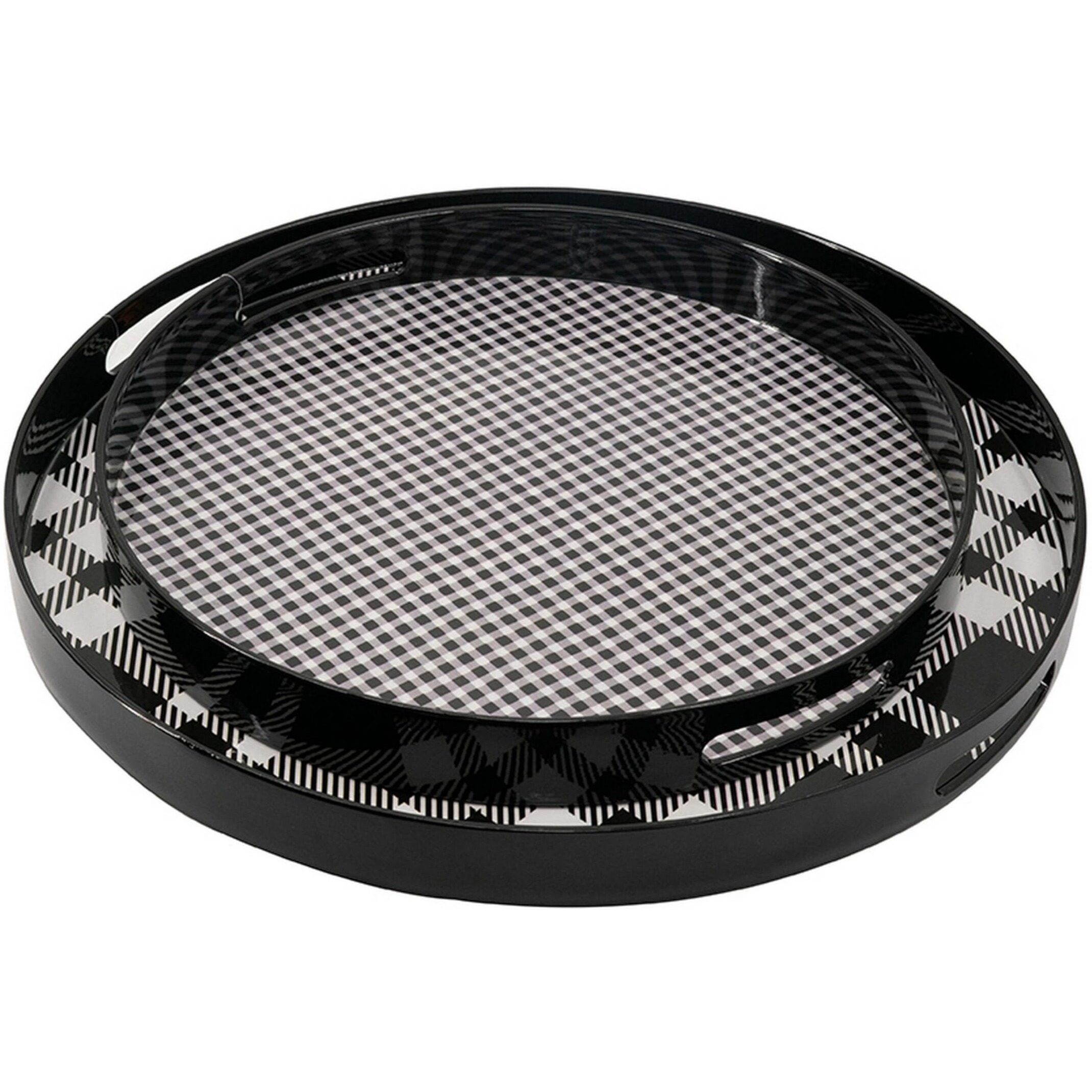 2 Piece Round Decorative Tray, Plastic Frame, Black and White Plaid Print