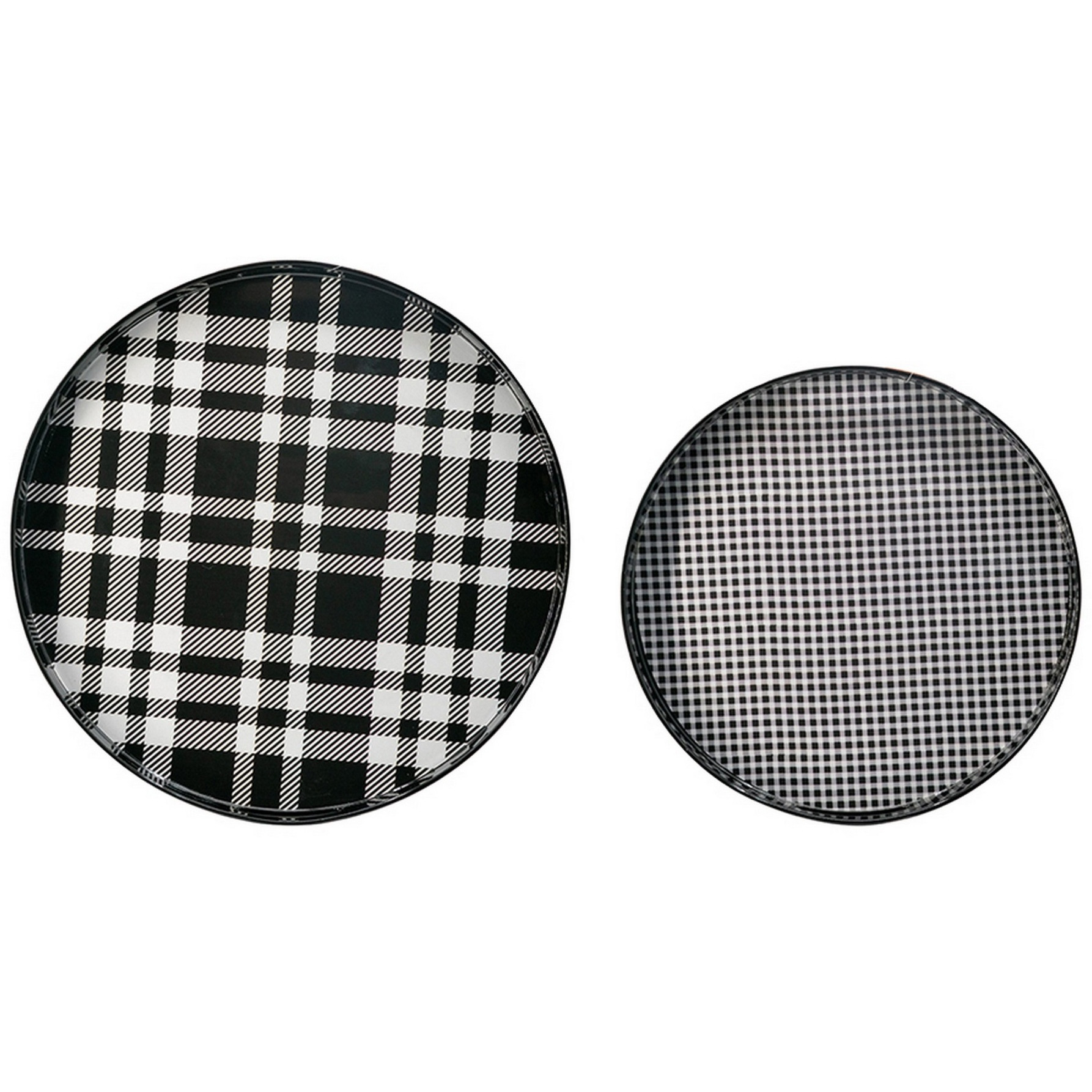 2 Piece Round Decorative Tray, Plastic Frame, Black and White Plaid Print