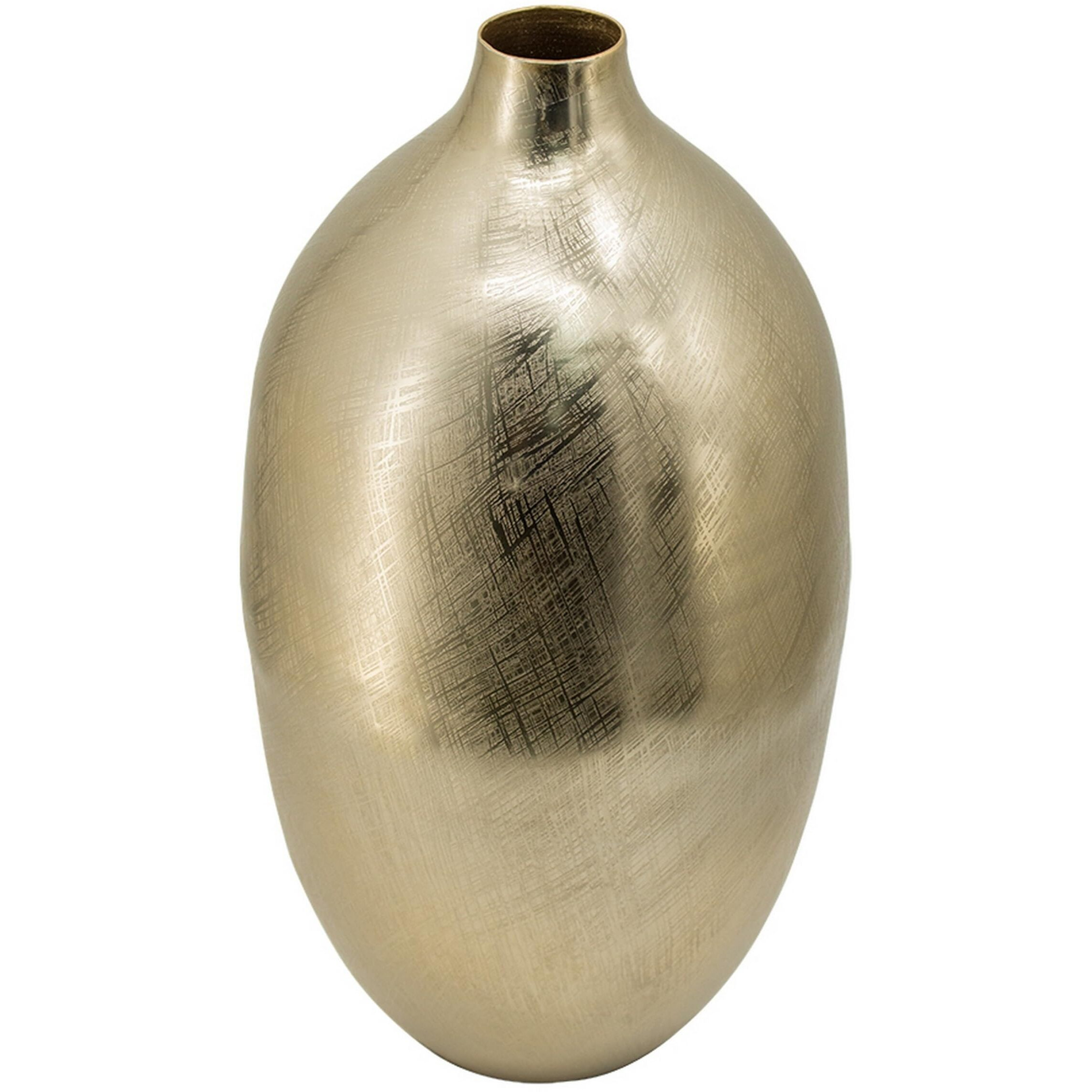 Pansy 19 Inch Modern Vase, Metal, Tall Curved Bottleneck Shape, Gold Finish