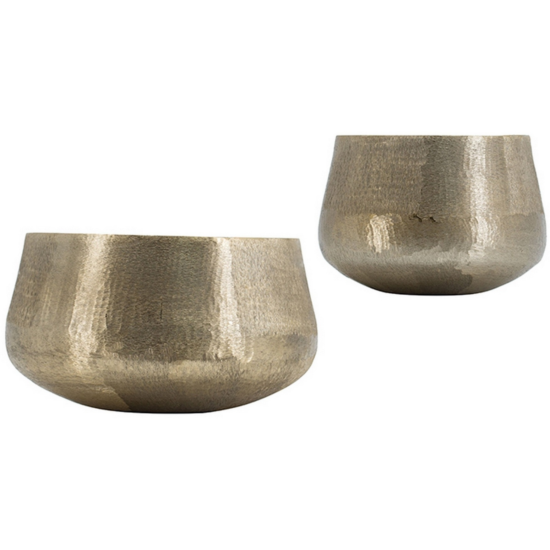 Set of 2 Metal Bowls, Seude Gold Finish, Curved Shape, Streaked Texture