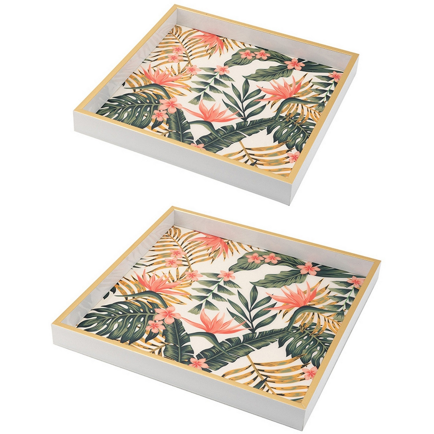 Set of 2 Decorative Trays, Crisp White MDF, Floral Printed PVC, Pink, Green
