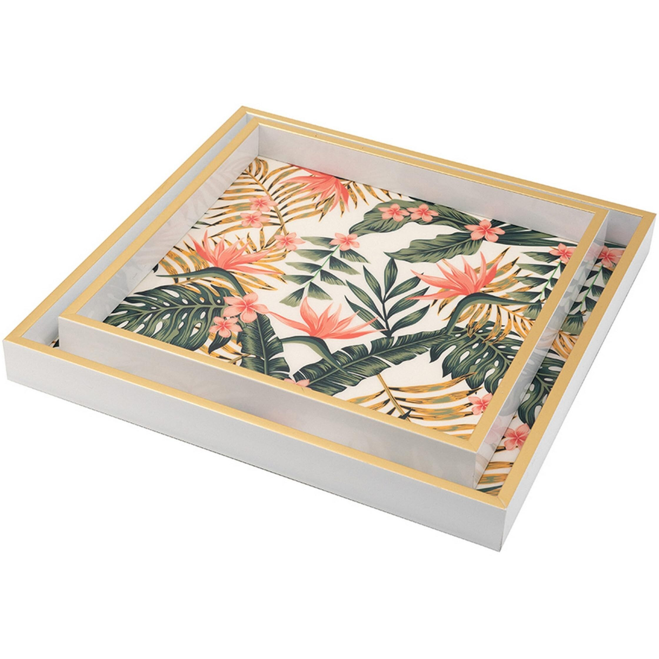 Set of 2 Decorative Trays, Crisp White MDF, Floral Printed PVC, Pink, Green