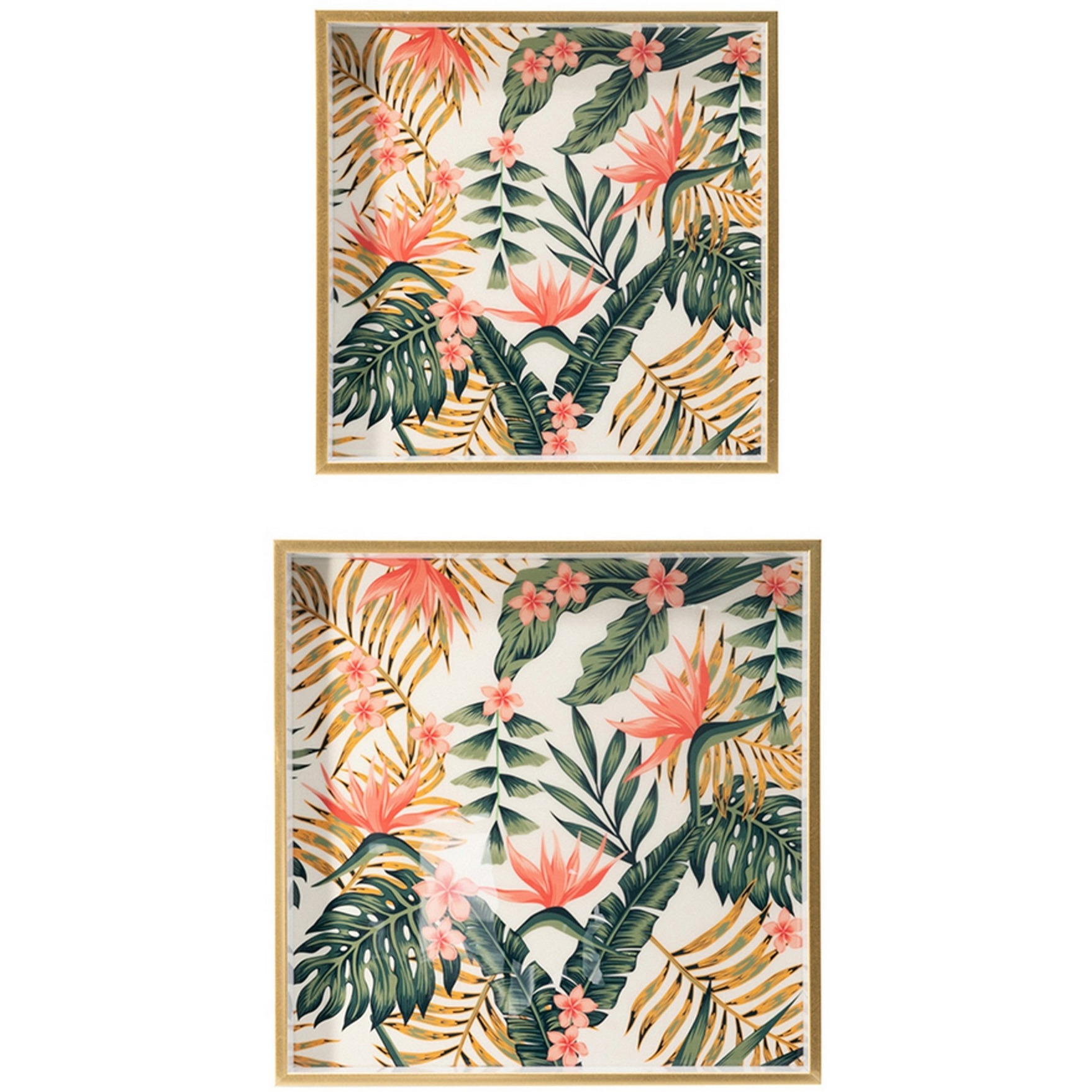 Set of 2 Decorative Trays, Crisp White MDF, Floral Printed PVC, Pink, Green