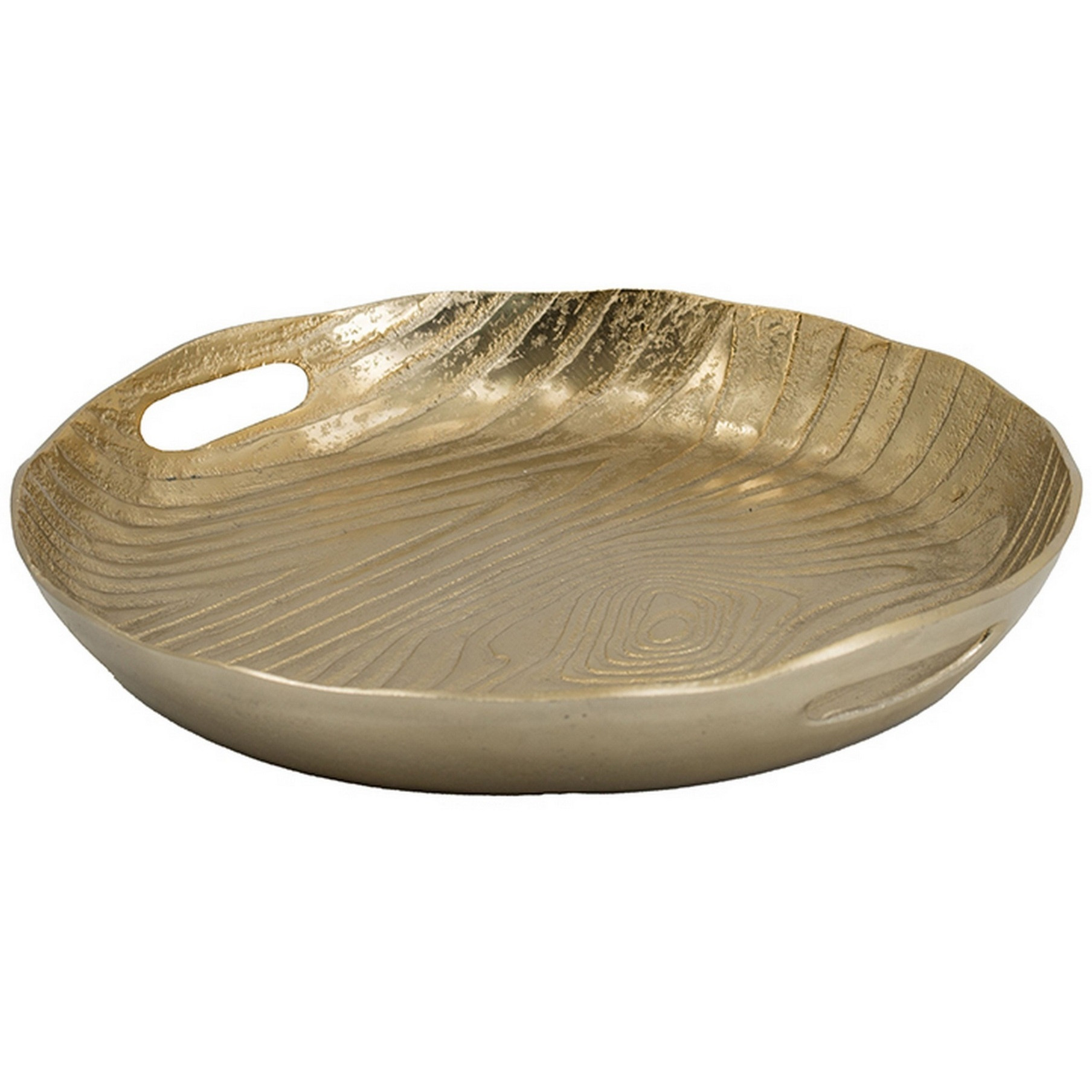 15 Inch Round Decorative Platter Tray, Sloped Rim, Texture Brass Gold
