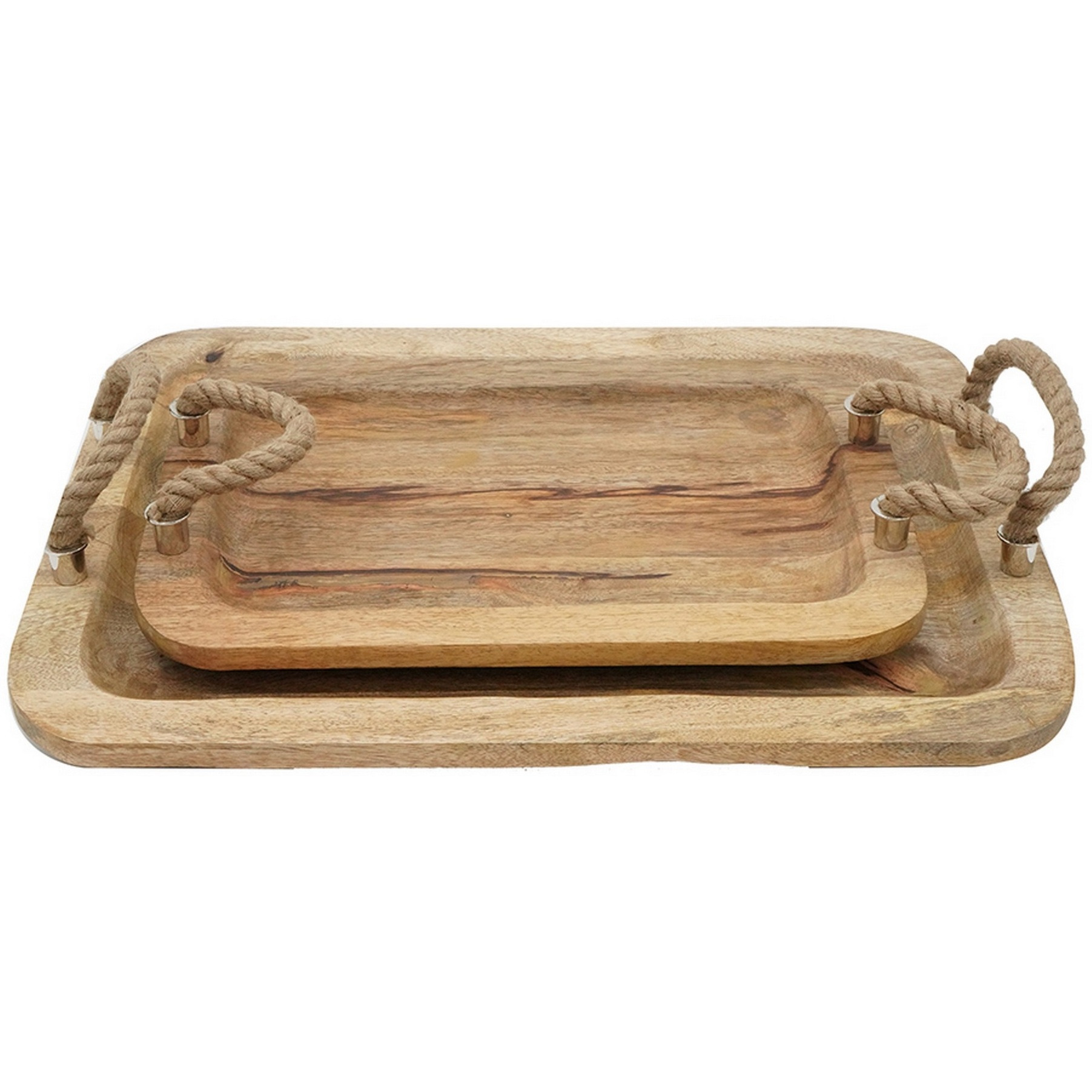 Set of 2 Mango Wood Trays, Twisted Jute Handles, Rustic Brown Texturing