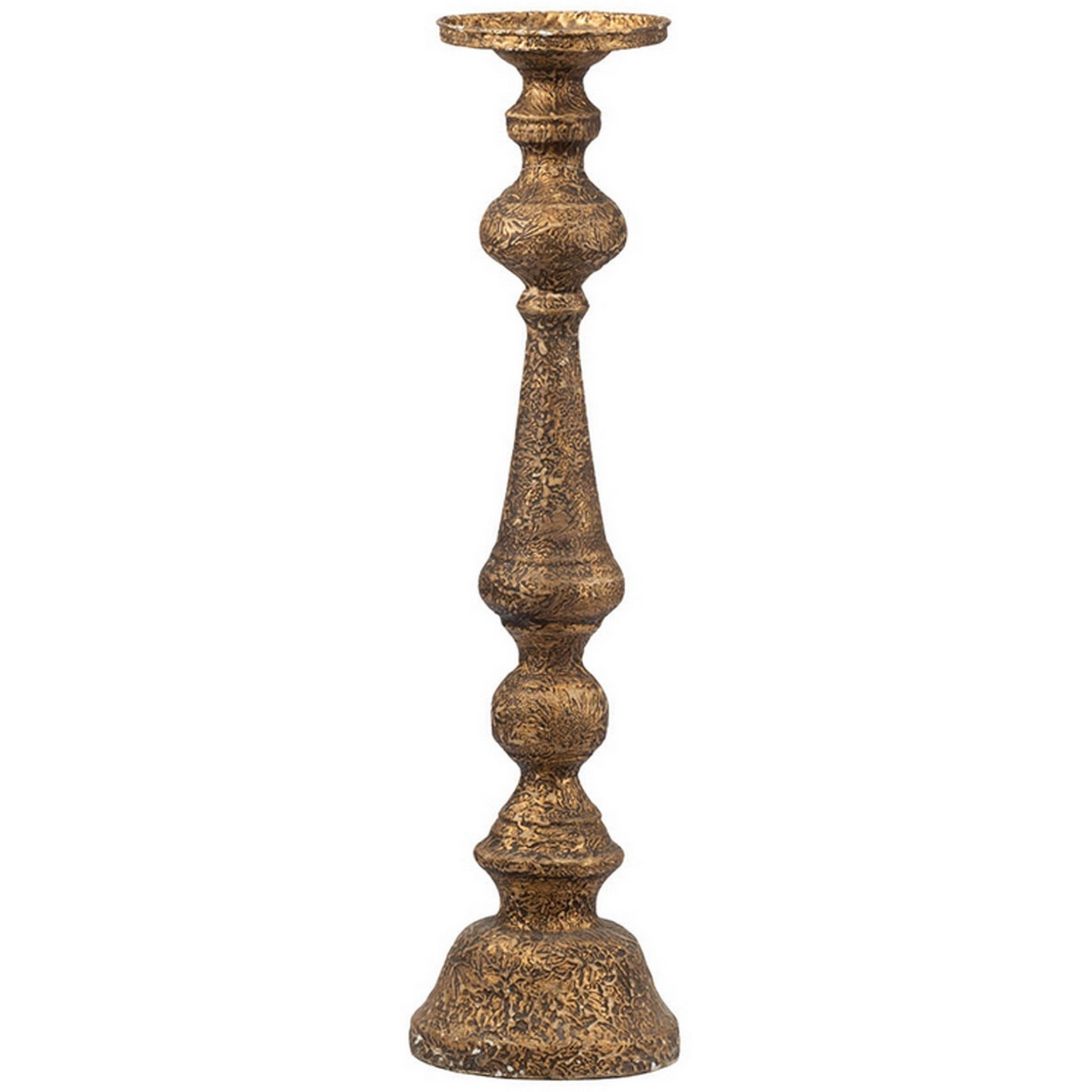 Mia 24 Inch Pillar Candle Holder, Antique Brass Metal, Turned Pedestal