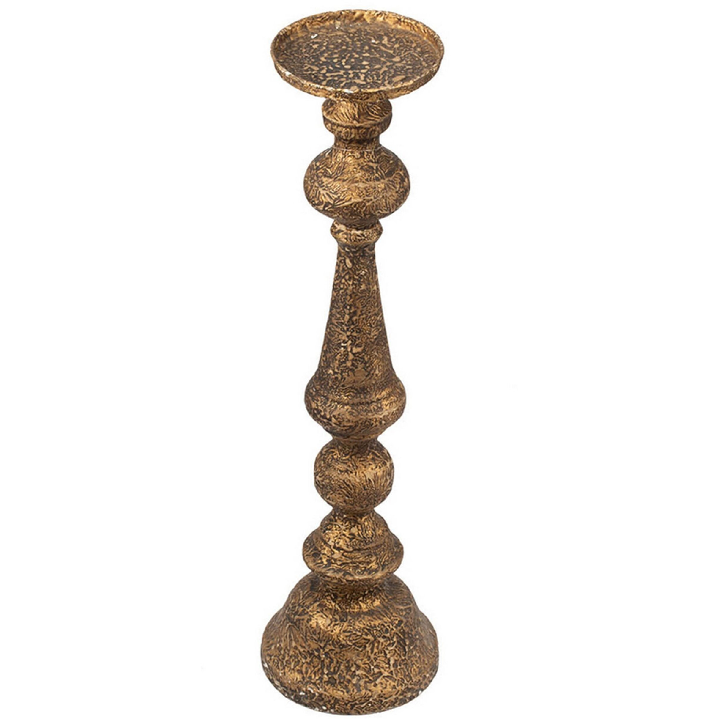 Mia 24 Inch Pillar Candle Holder, Antique Brass Metal, Turned Pedestal