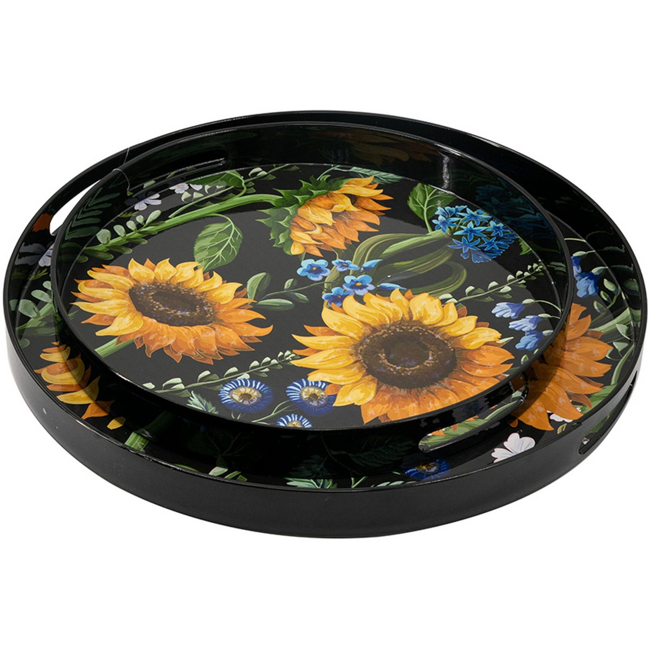 2 Piece Modern Decorative Trays, Round Plastic Frame, Sunflower Motifs