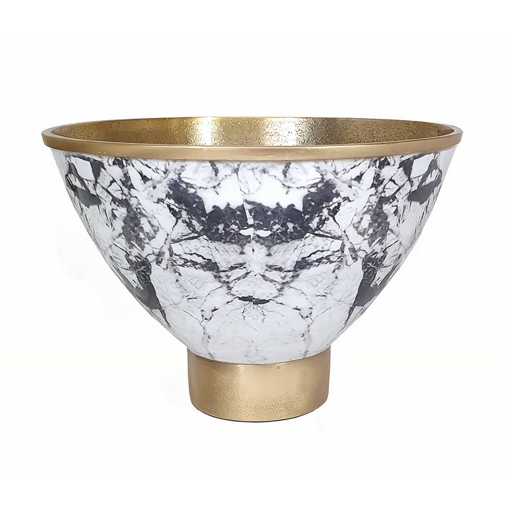 Sinzo 10 Inch Tapered Bowl, Gold Aluminum, Textured Design, Black, White