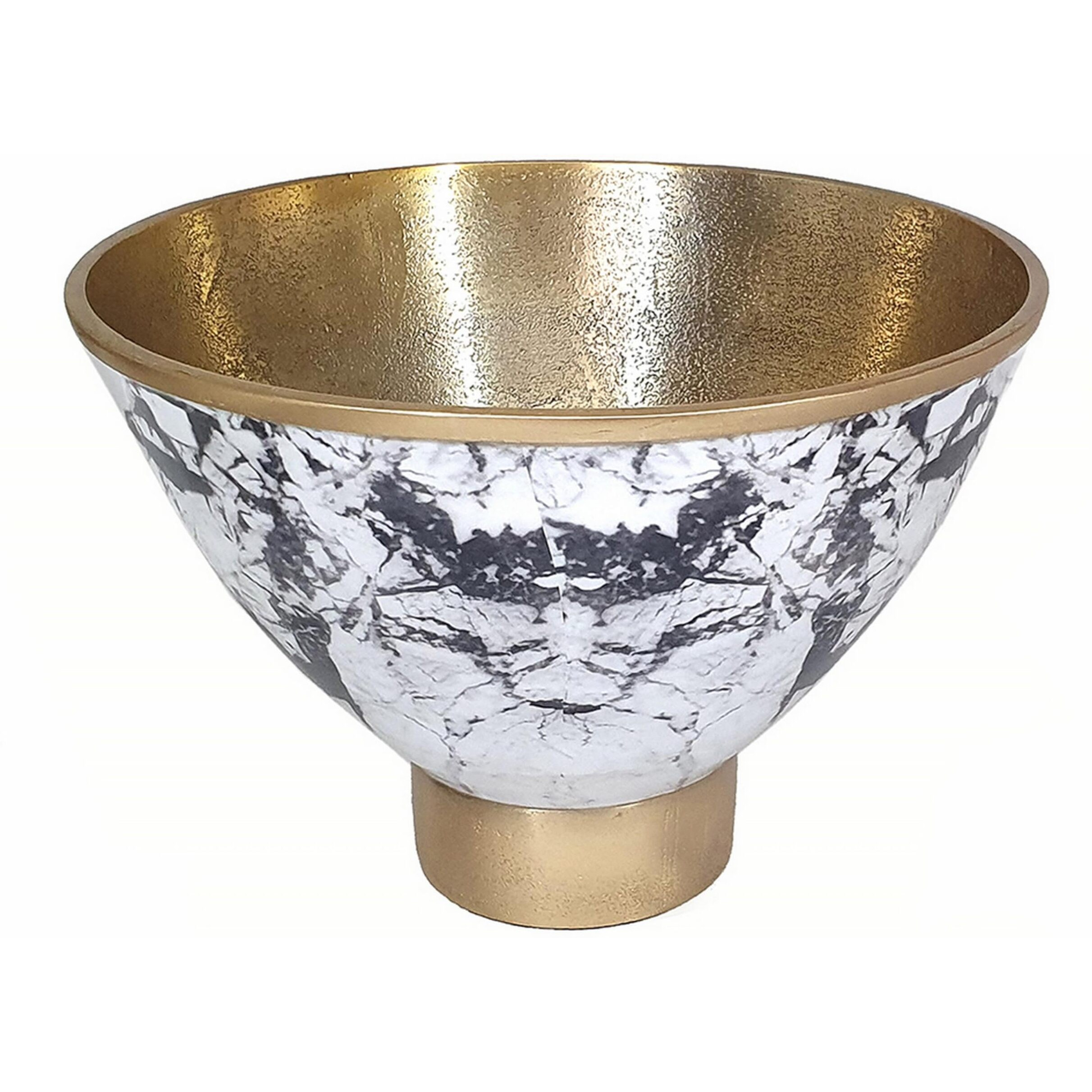 Sinzo 10 Inch Tapered Bowl, Gold Aluminum, Textured Design, Black, White