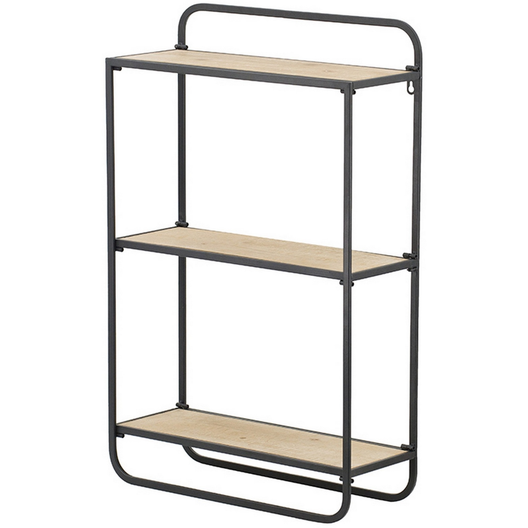 32 Inch Shelving Unit, Black Curved Iron Frame, Three Fir Wood Shelves