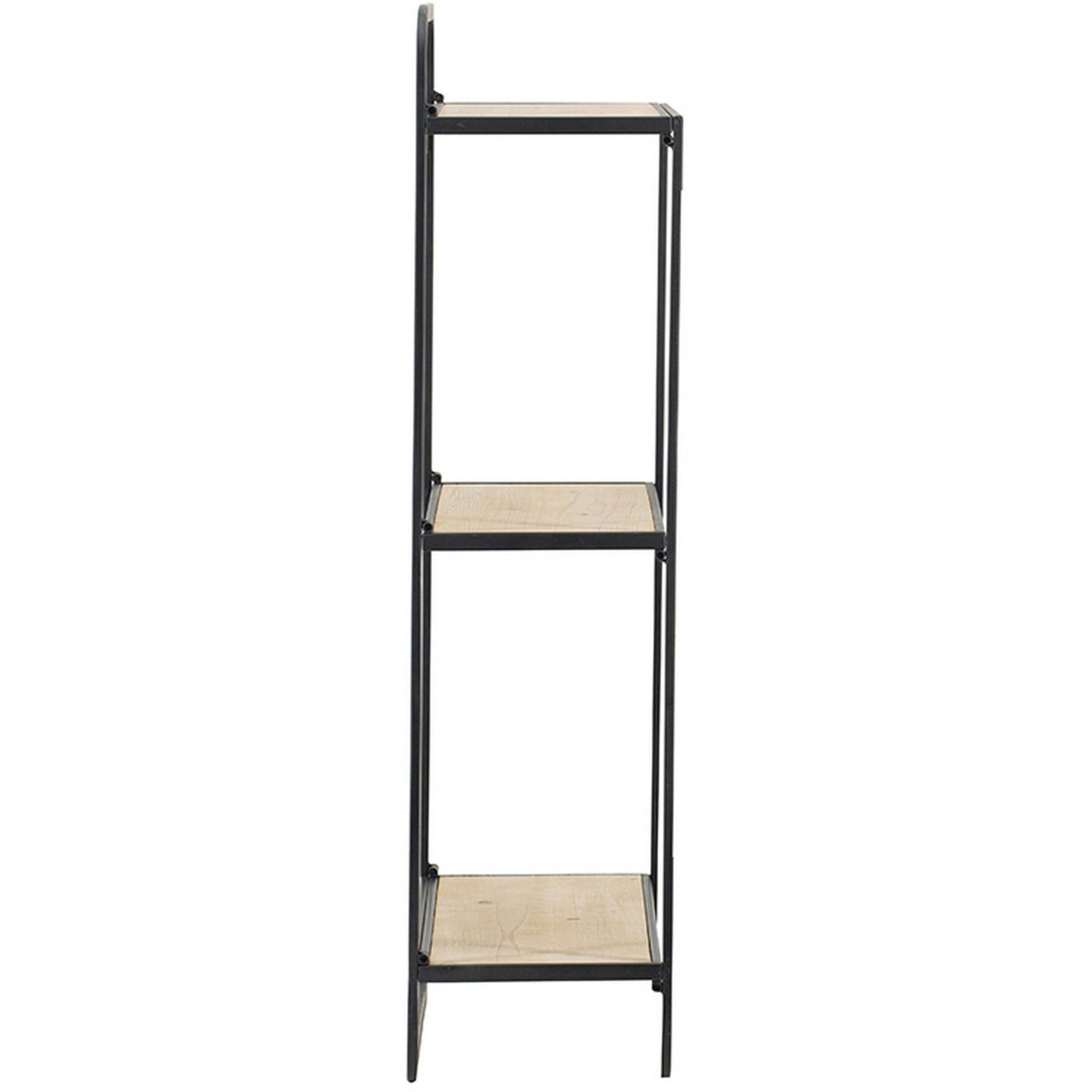 32 Inch Shelving Unit, Black Curved Iron Frame, Three Fir Wood Shelves