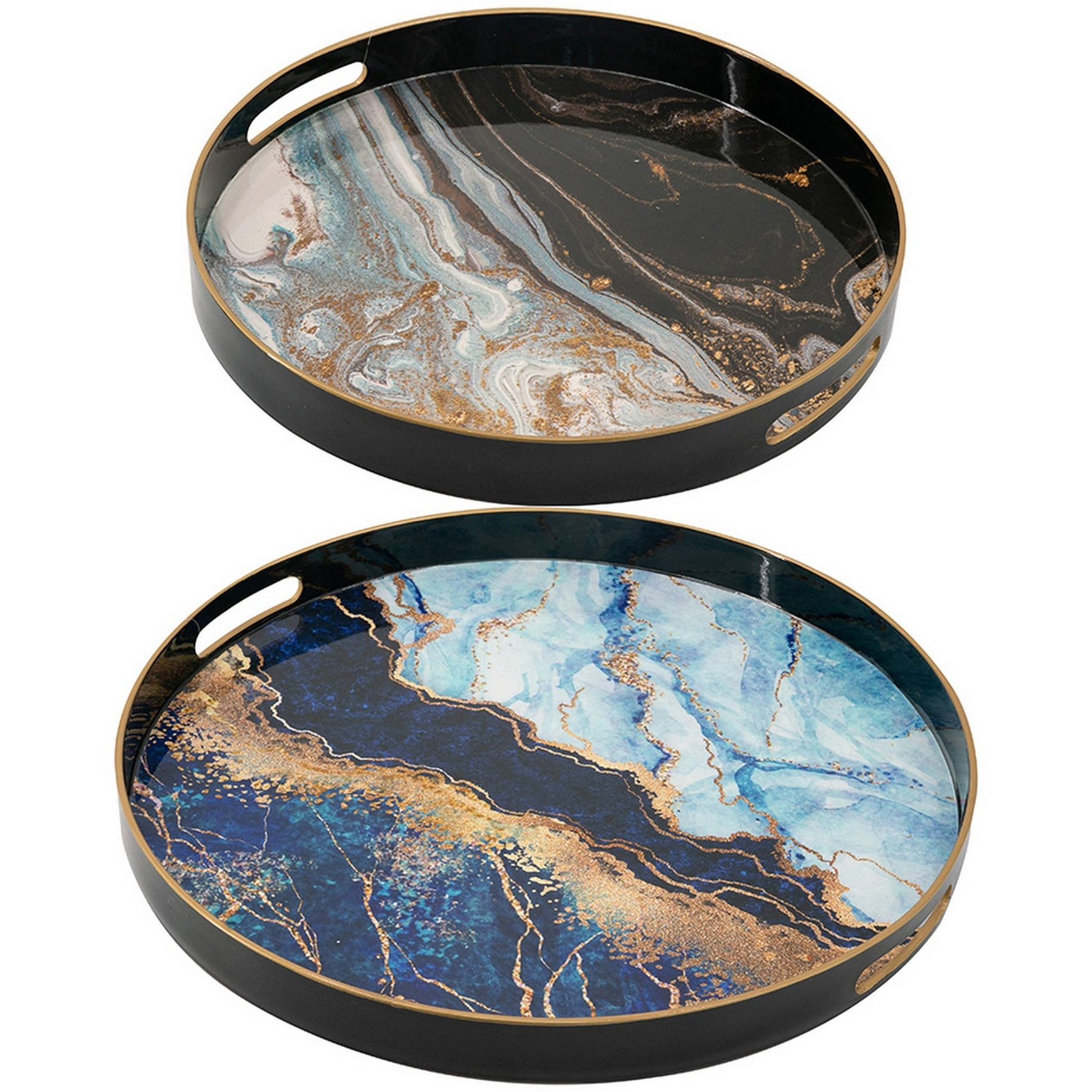 Set of 2 Round Decorative Trays, Tall Rims, Faux Marble, Blue, Gold