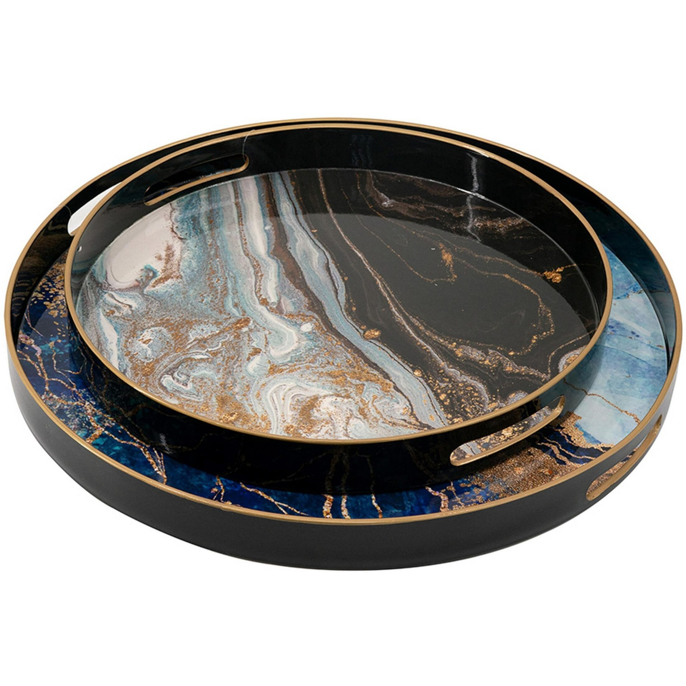 Set of 2 Round Decorative Trays, Tall Rims, Faux Marble, Blue, Gold