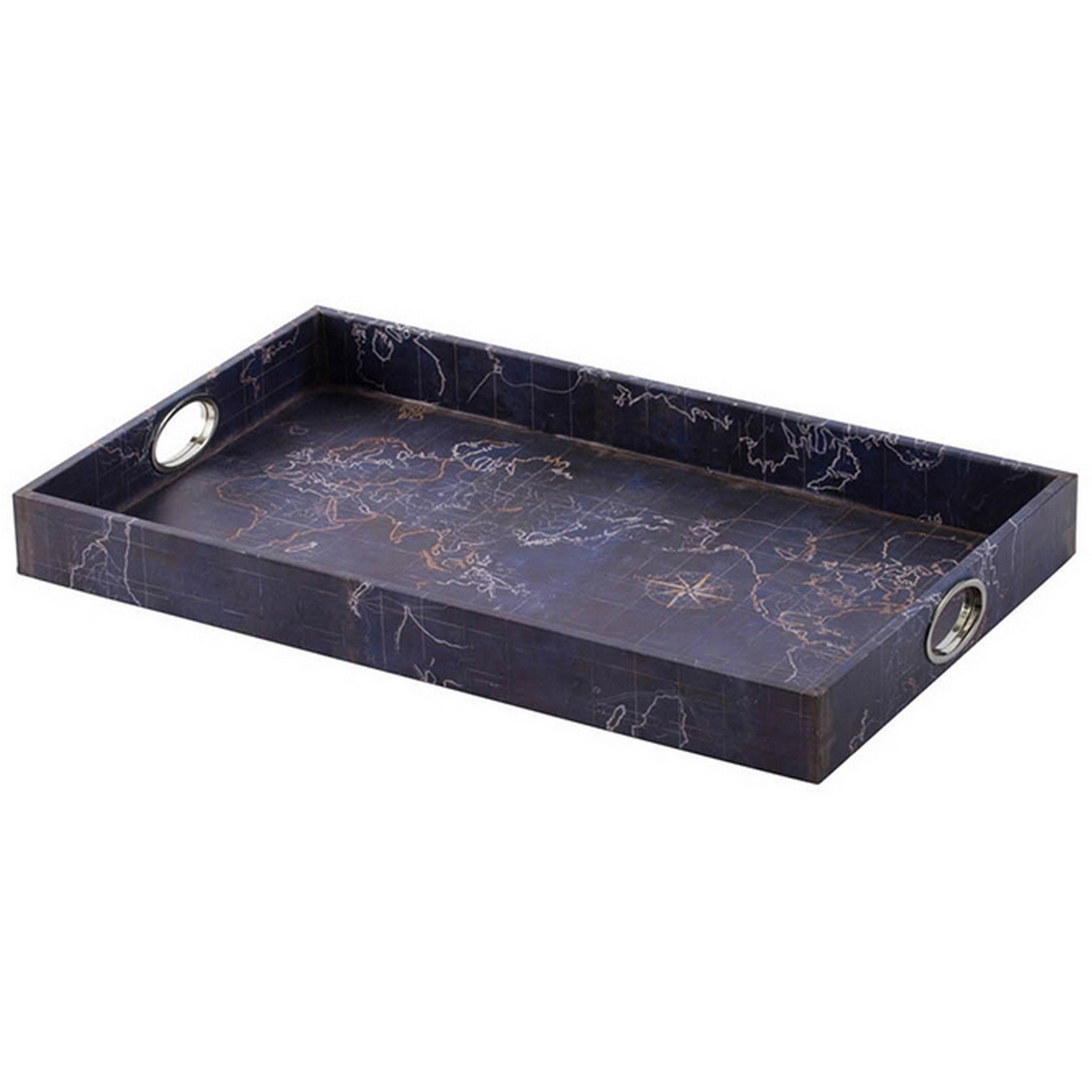 25 Inch Set of 2 Rectangular Decorative Trays, Gold Map Design, Deep Blue