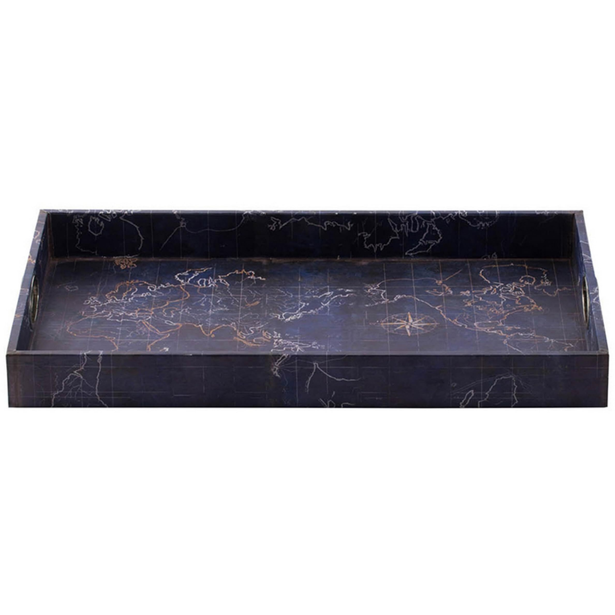 25 Inch Set of 2 Rectangular Decorative Trays, Gold Map Design, Deep Blue