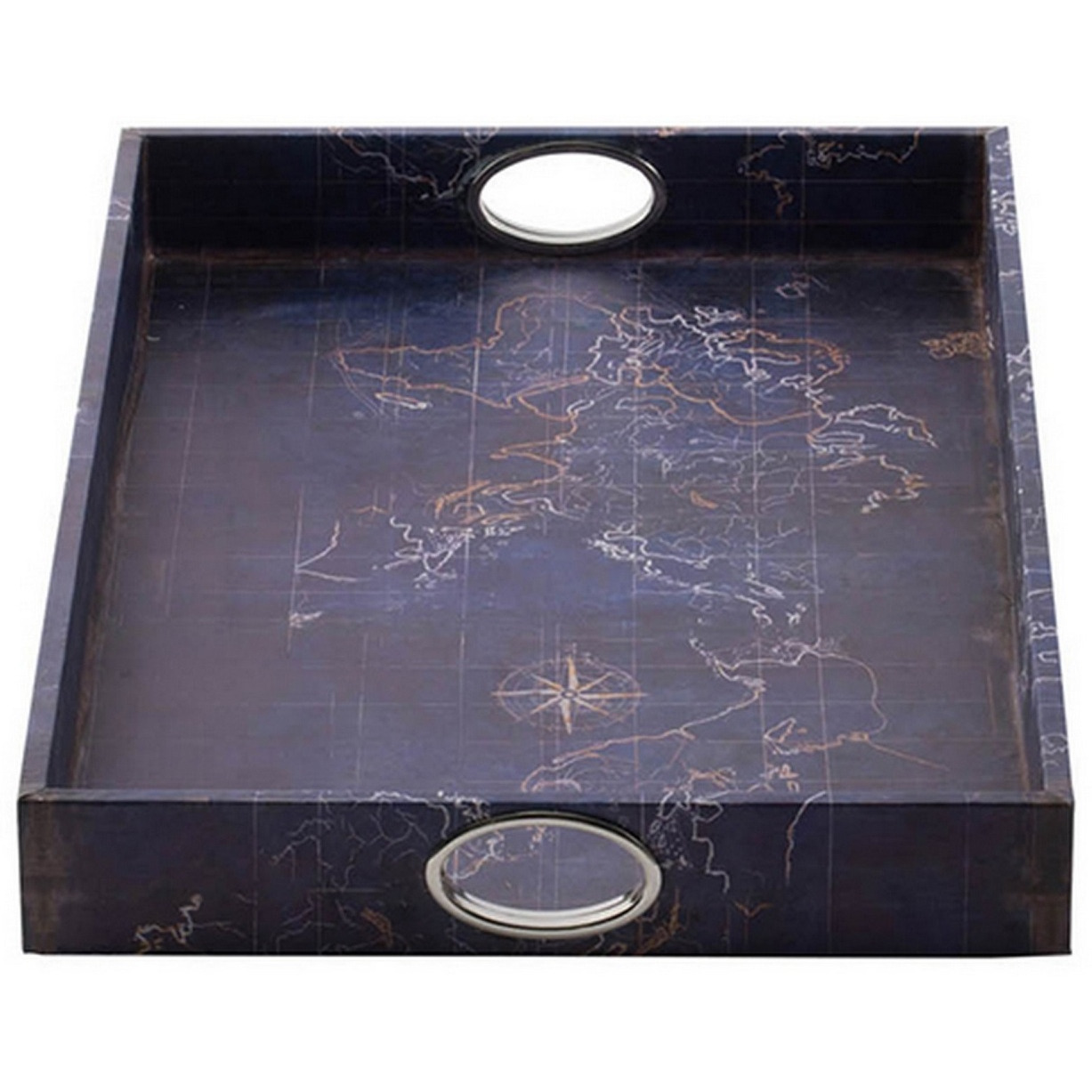 25 Inch Set of 2 Rectangular Decorative Trays, Gold Map Design, Deep Blue