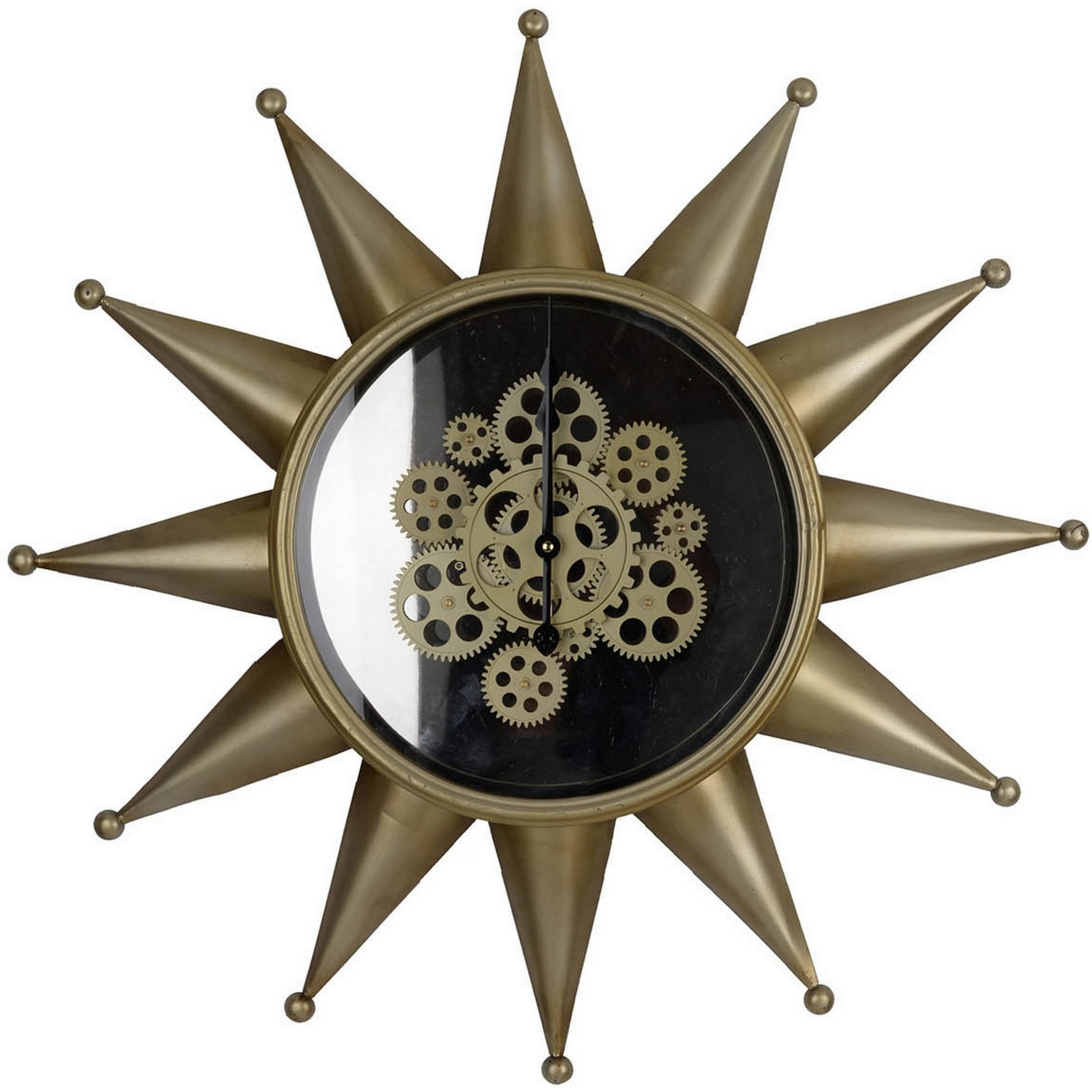 28 Inch Round Wall Clock, Sun Shaped Frame, Rich Brown, Bold Jet Black