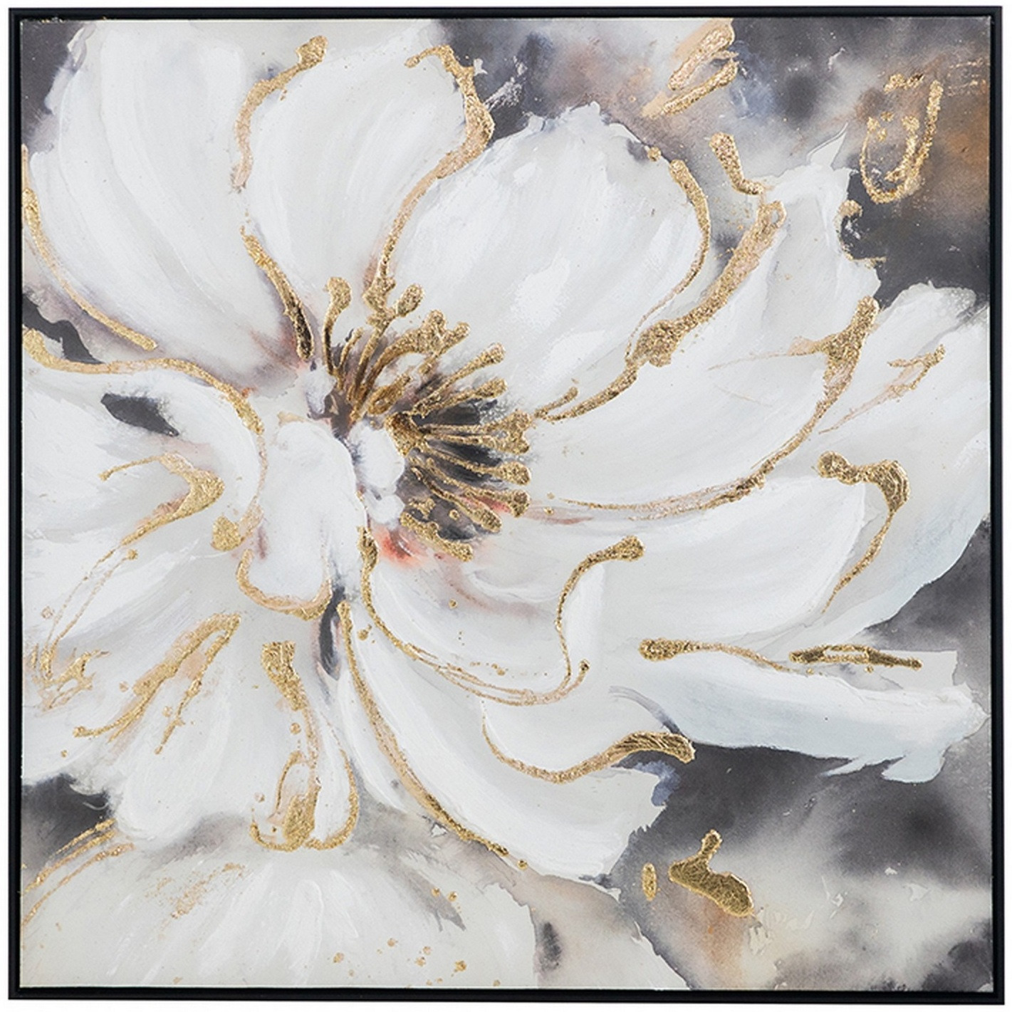 36 x 36 Inch Framed Wall Art, Floral Oil Painting On Canvas, White Gold