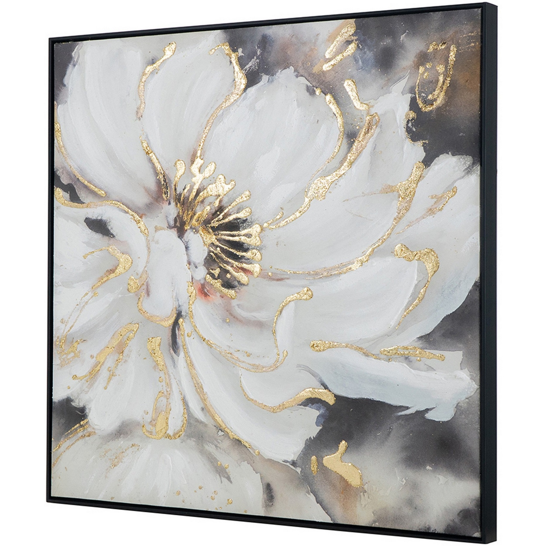 36 x 36 Inch Framed Wall Art, Floral Oil Painting On Canvas, White Gold