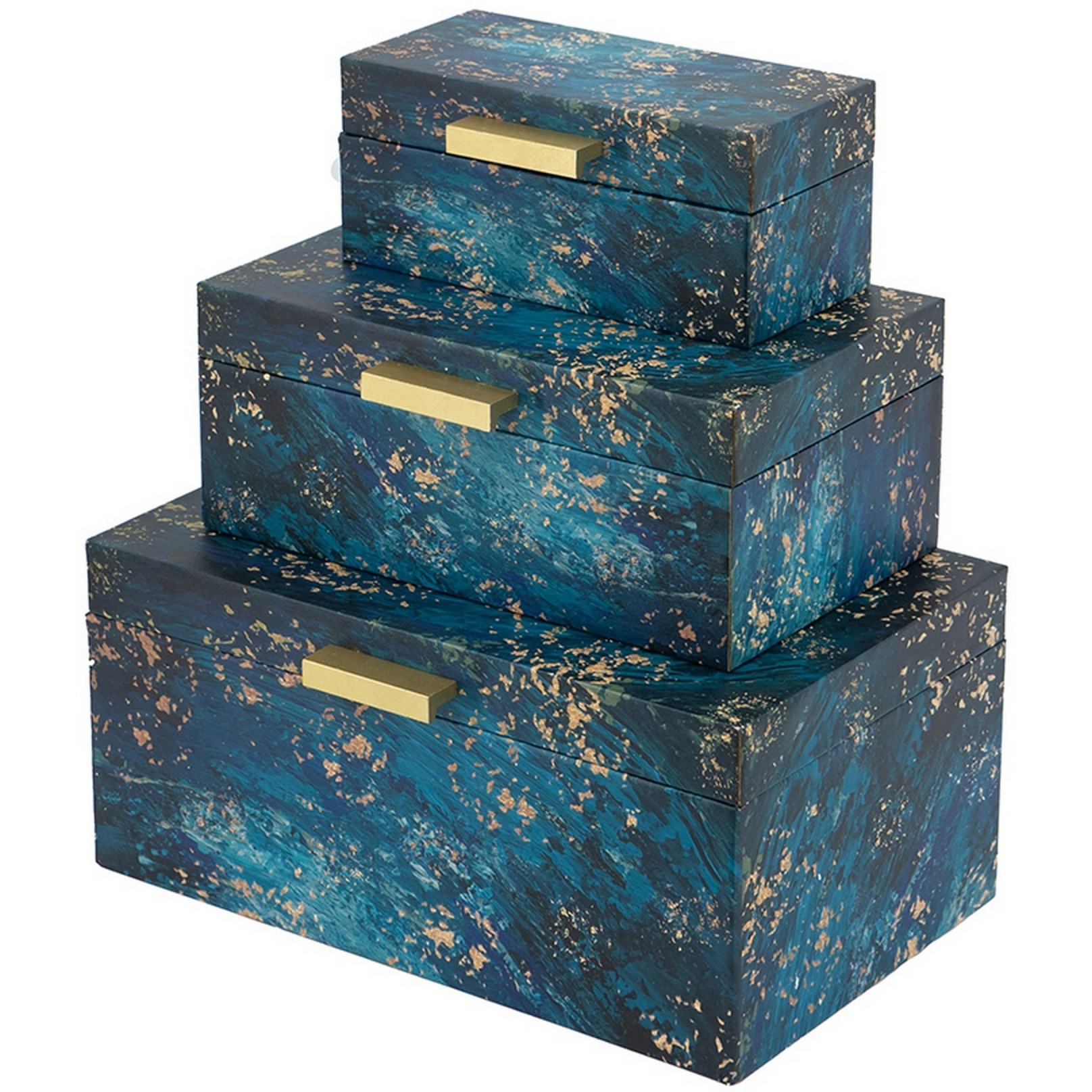Set of 3 Decorative Rectangular Storage Boxes, Gold Handles, Blue Design