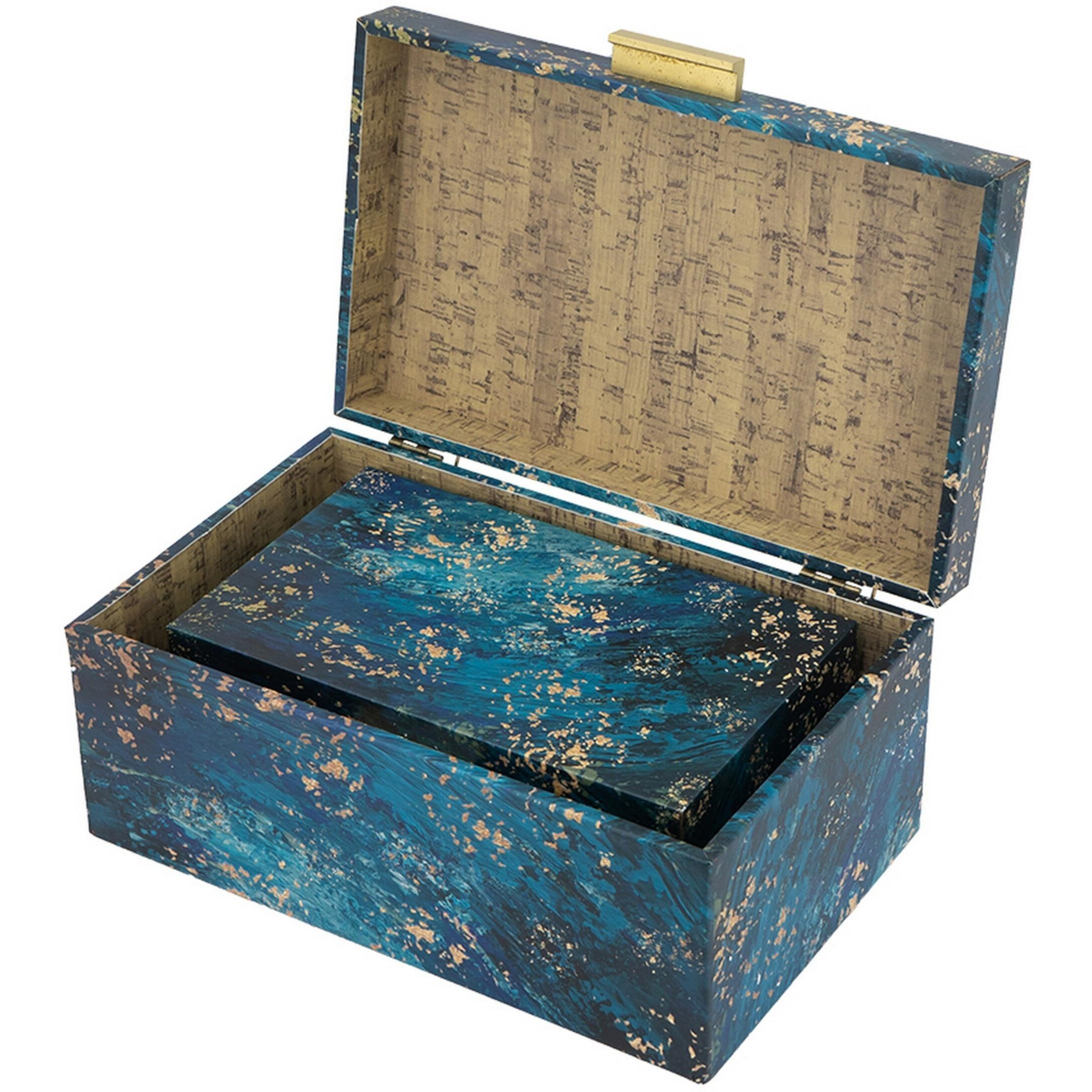 Set of 3 Decorative Rectangular Storage Boxes, Gold Handles, Blue Design