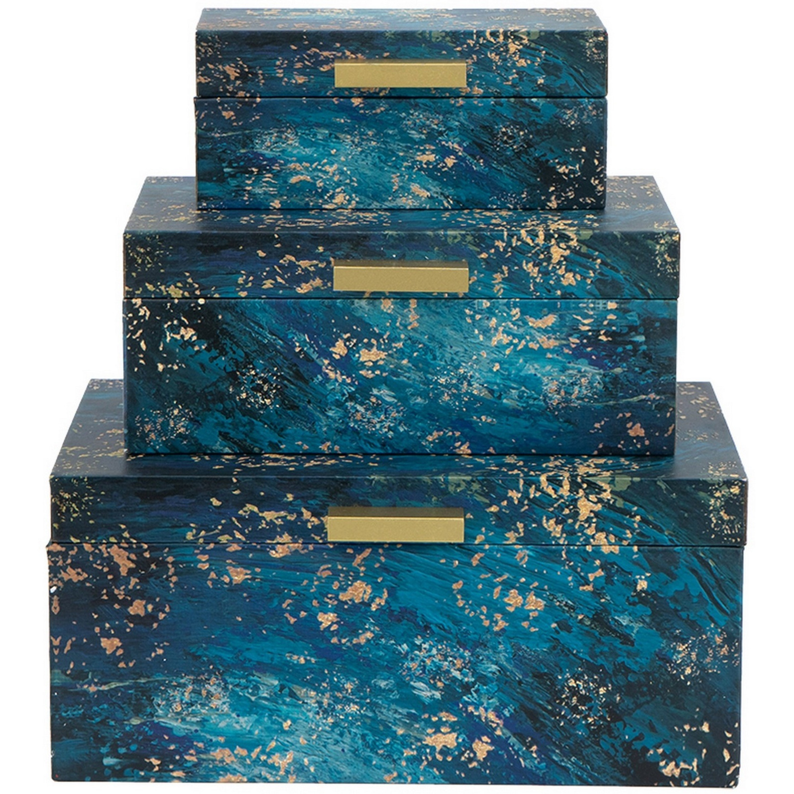Set of 3 Decorative Rectangular Storage Boxes, Gold Handles, Blue Design