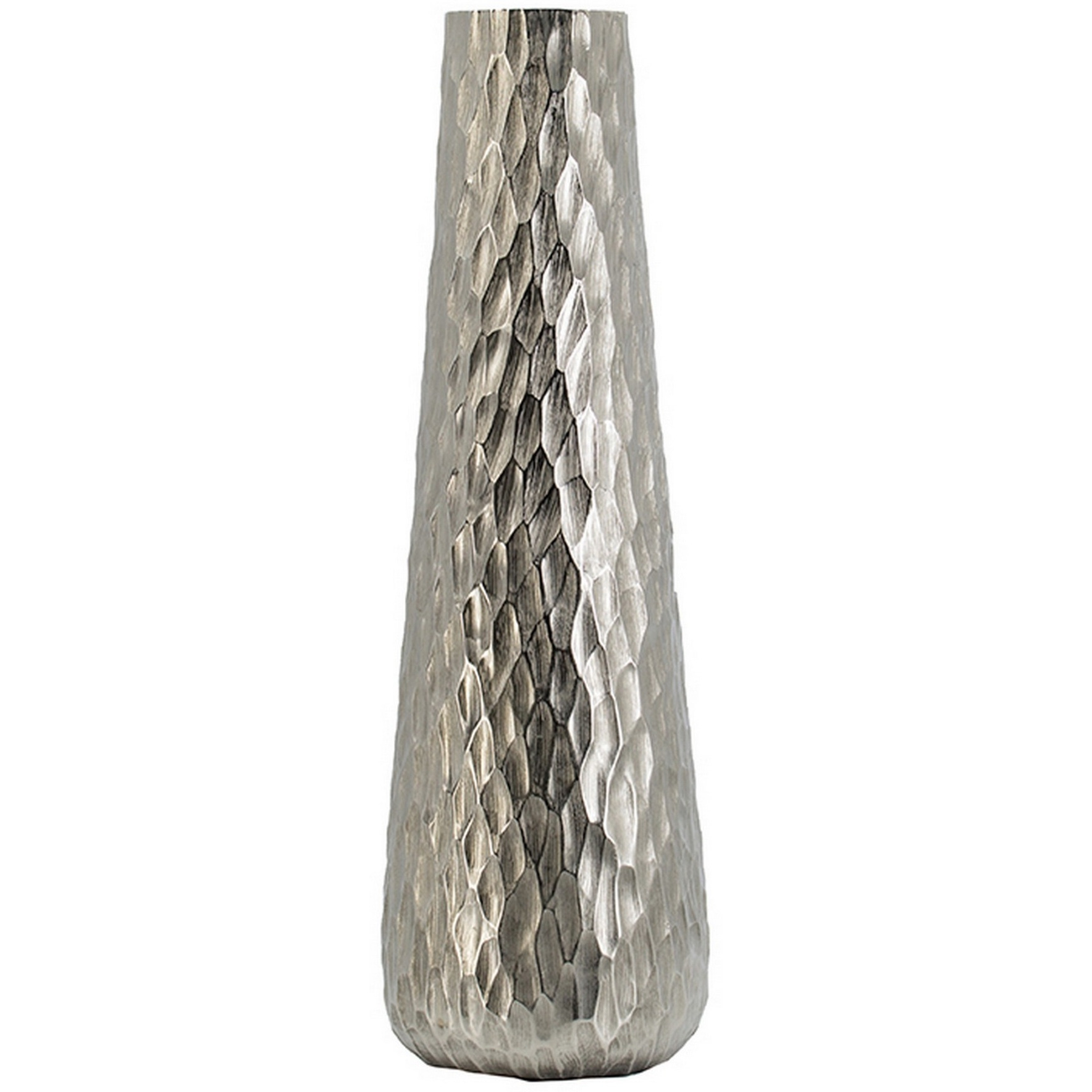 23 Inch Tall Oblong Vase, Diamond Textured, Tapered, Aluminum, Silver