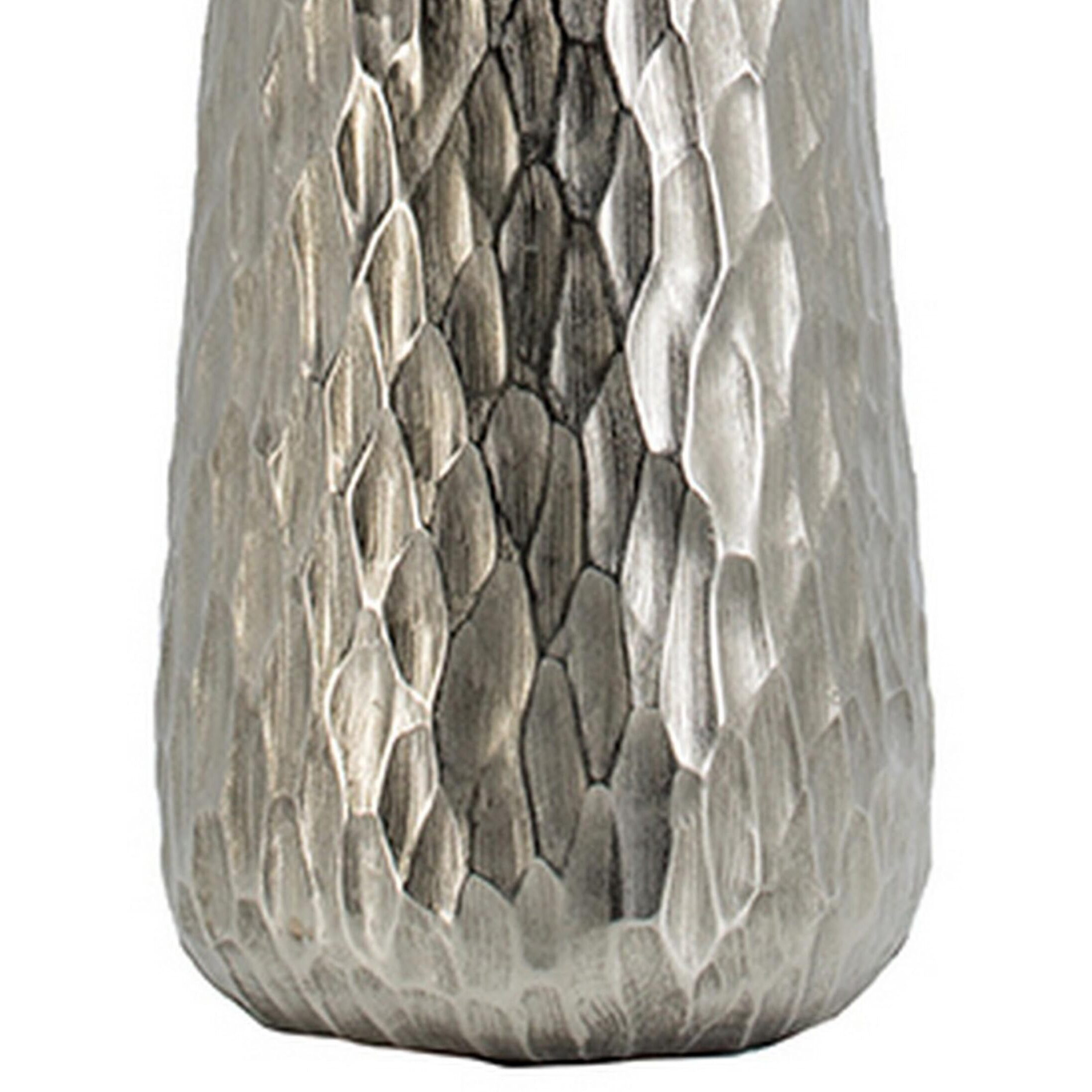 23 Inch Tall Oblong Vase, Diamond Textured, Tapered, Aluminum, Silver