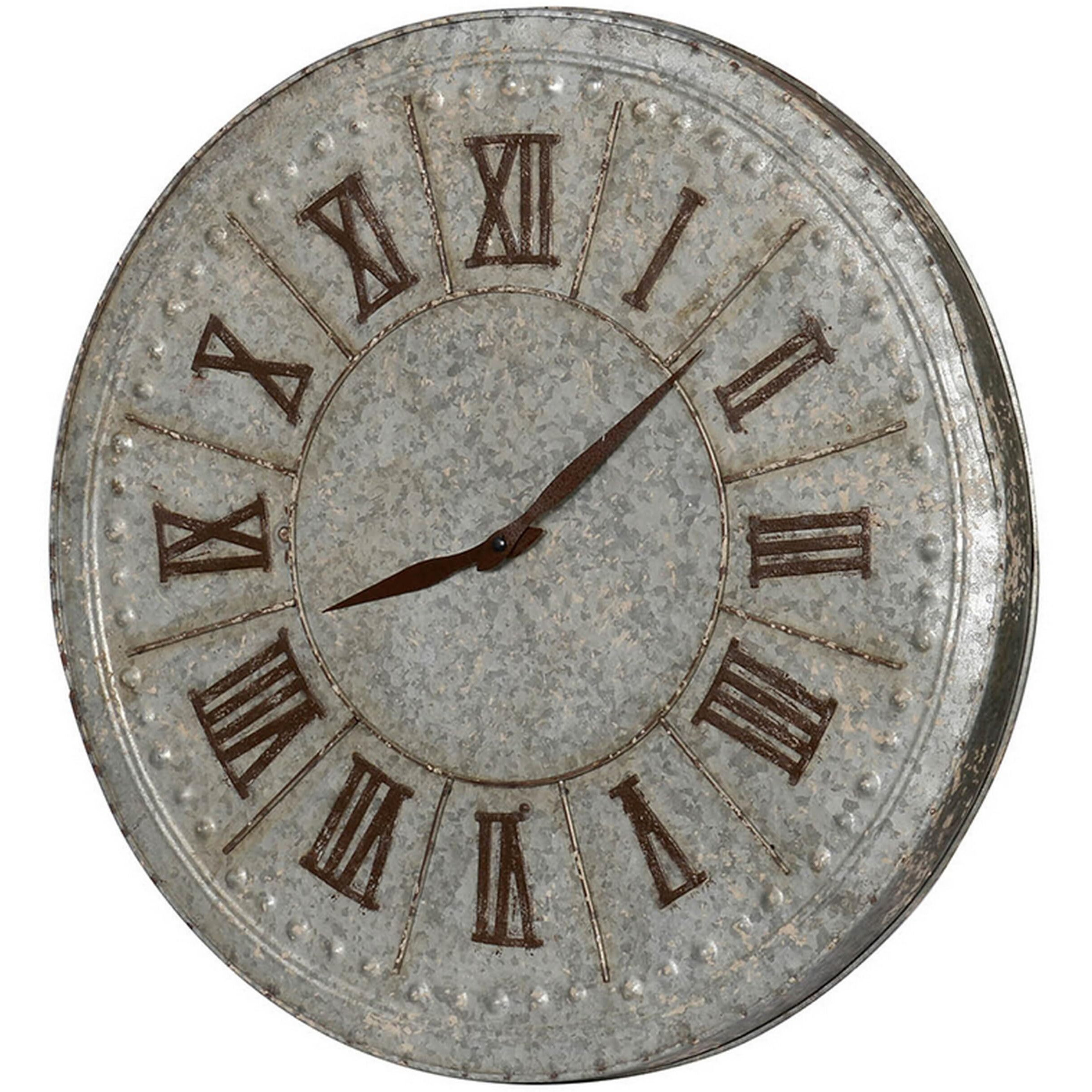 20 Inch Classic Round Wall Clock, Metal, Roman Numerals, Vintage Gray